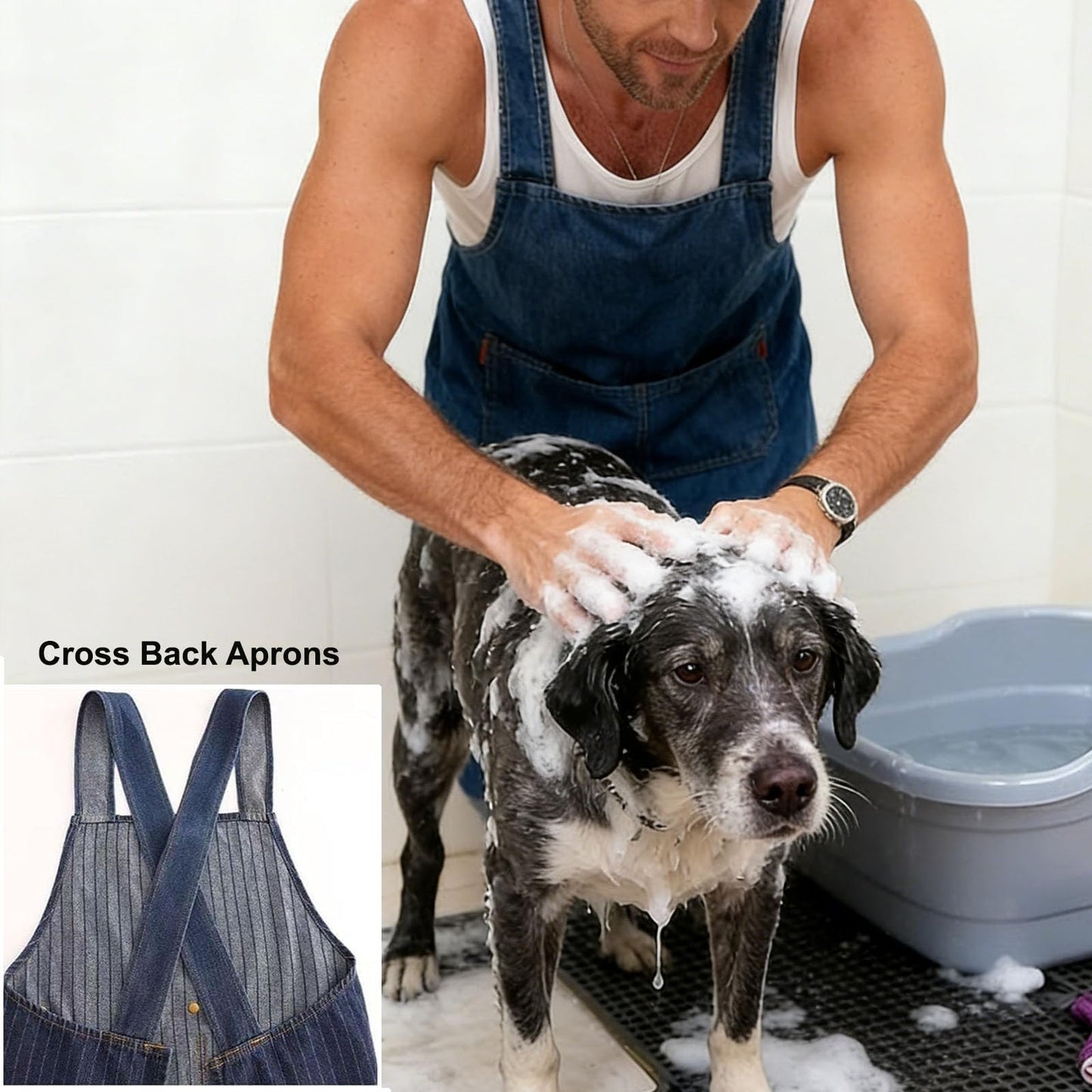 CCJHLYX Adult Jour Apron, Lightweight Cotton Apron with Front Pocket, Denim Cross Back Aprons, Durable & Stain-Resistant (Light Blue)