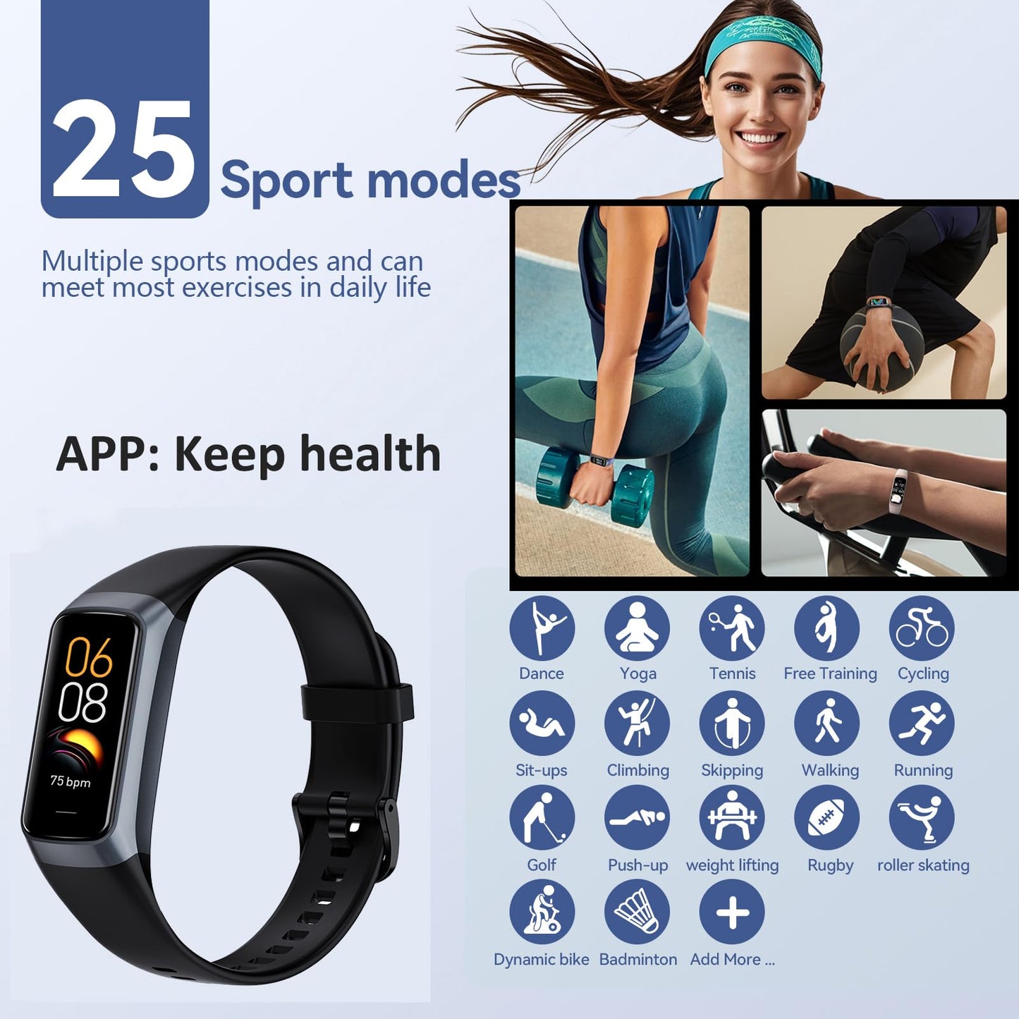 Keep Health Fitness Trackers For Women Men Amoled Step Counter Slim Thin 25 Sports Modes With Heart Rate Blood Pressure Monitor Alarm Stopwatch Timer Calories Burned IP68 Step Tracker Watch