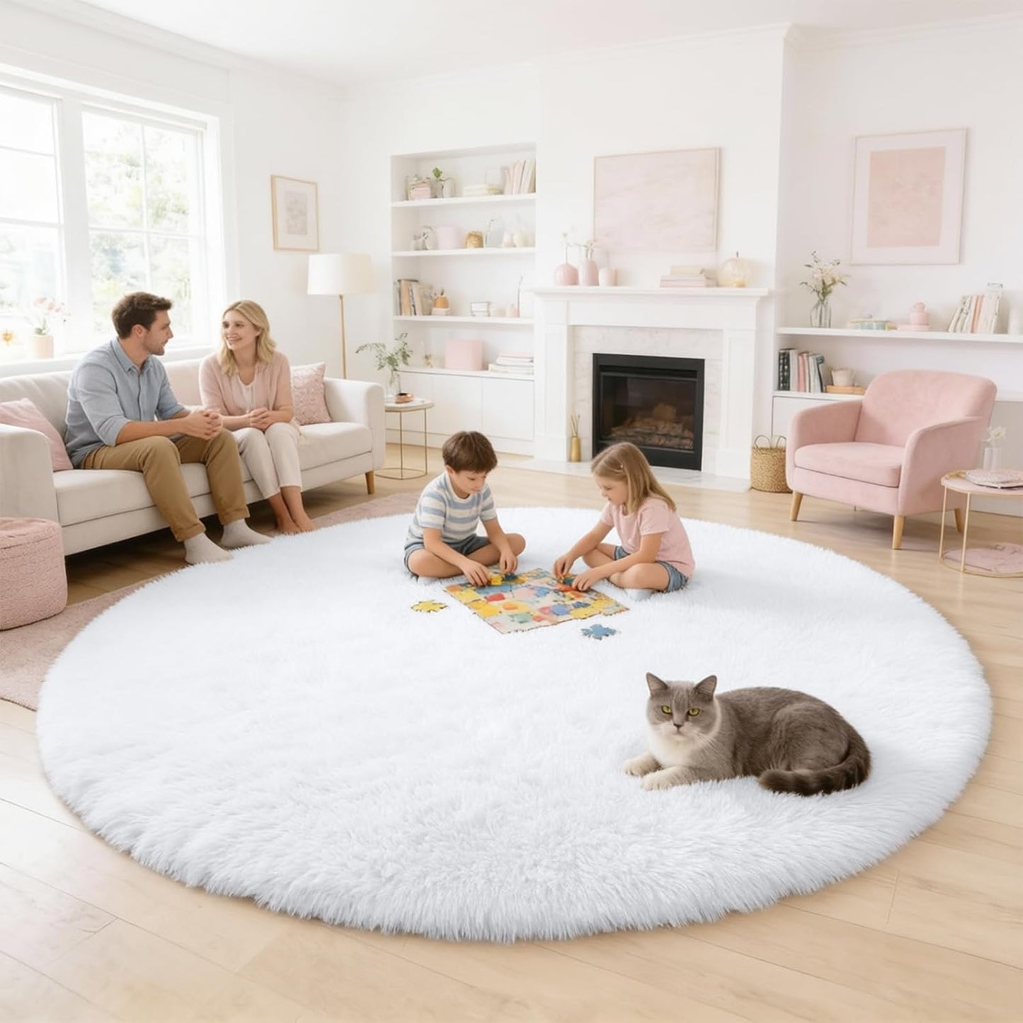 OLANLY White Round Area Rug - Soft & Fluffy 6 ft Machine Washable Carpet for Bedroom & Living Room Decor