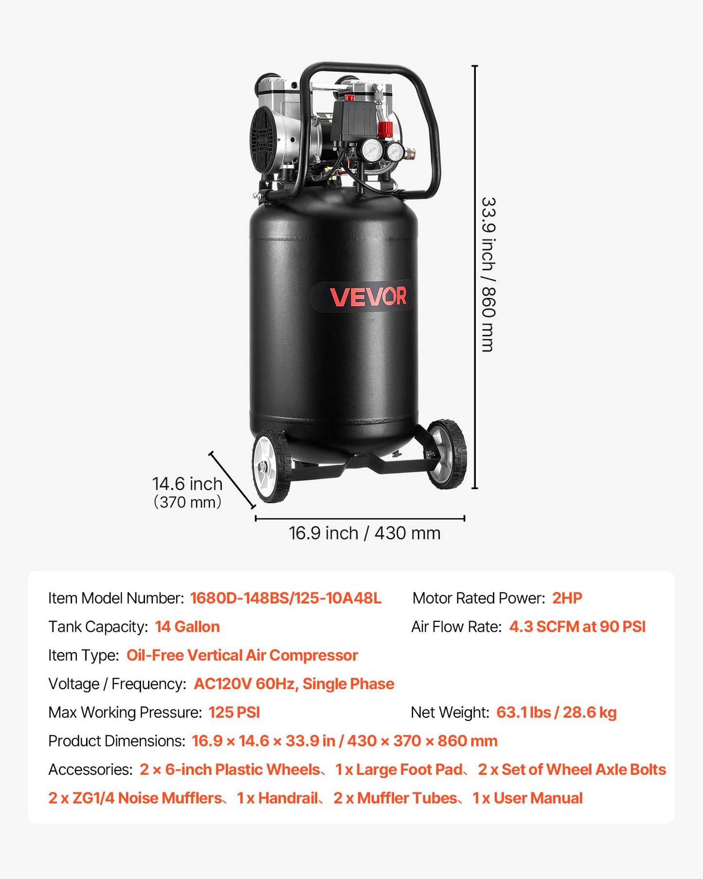 VEVOR 14-Gallon Air Compressor, 2HP 4.3 SCFM at 90PSI, Max 125PSI Pressure Oil-Free Air Compressor Tank, Portable on Wheels for Auto Repair, Tire Inflation, Spray Painting, Woodwork Nailing, 120V