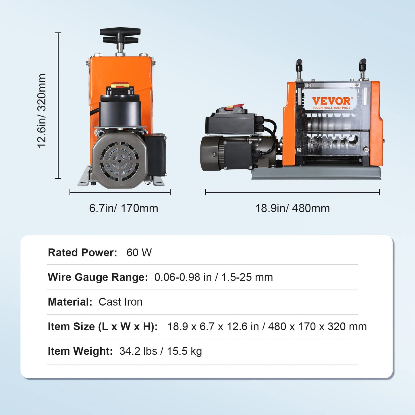 VEVOR Electric Wire Stripping Machine, 0.06''-0.98'' Automatic Wire Stripper Machine, 60 W, Wire Strip with Visible Stripping Depth Reference, 6 Round & 1 Flat Channels Electric Wire Stripper