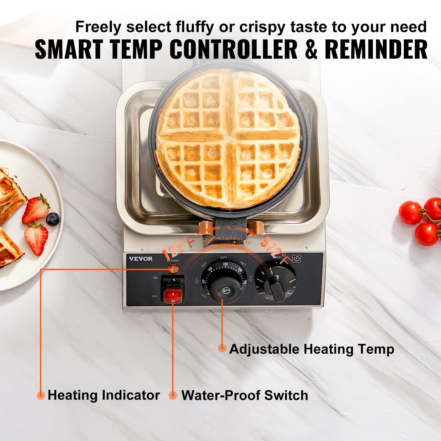 VEVOR Commercial Waffle Maker, 1300W Round Waffle Iron, Non-Stick Rotatable Waffle Baker Machine With 122-572℉ Temp Range and Time Control, Teflon-Coated Baking Pan Stainless Steel Body 110V