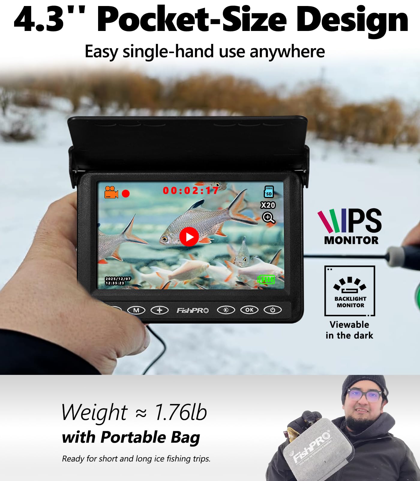 [FishPRO® 2026 Upgrade] Underwater Fishing Camera 4.3''- DVR w/32GB [Proven Since 2017] Ice Fishing Camera 1000 TVL w/ 65ft Magnetic-Spool, IR, USB-C, 5000mAh, Portable Fish Finder for Ice Fishing