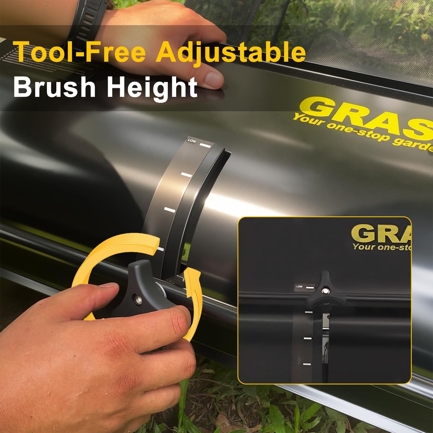 Grass One 26 Inch Push Lawn Sweeper, Leaf and Grass Collector with 7 Cu.Ft Mesh Bag, 4 Spinning PP Brushes, Durable Steel Construction, Adjustable Height & Rubber Tires for Yard Cleanup
