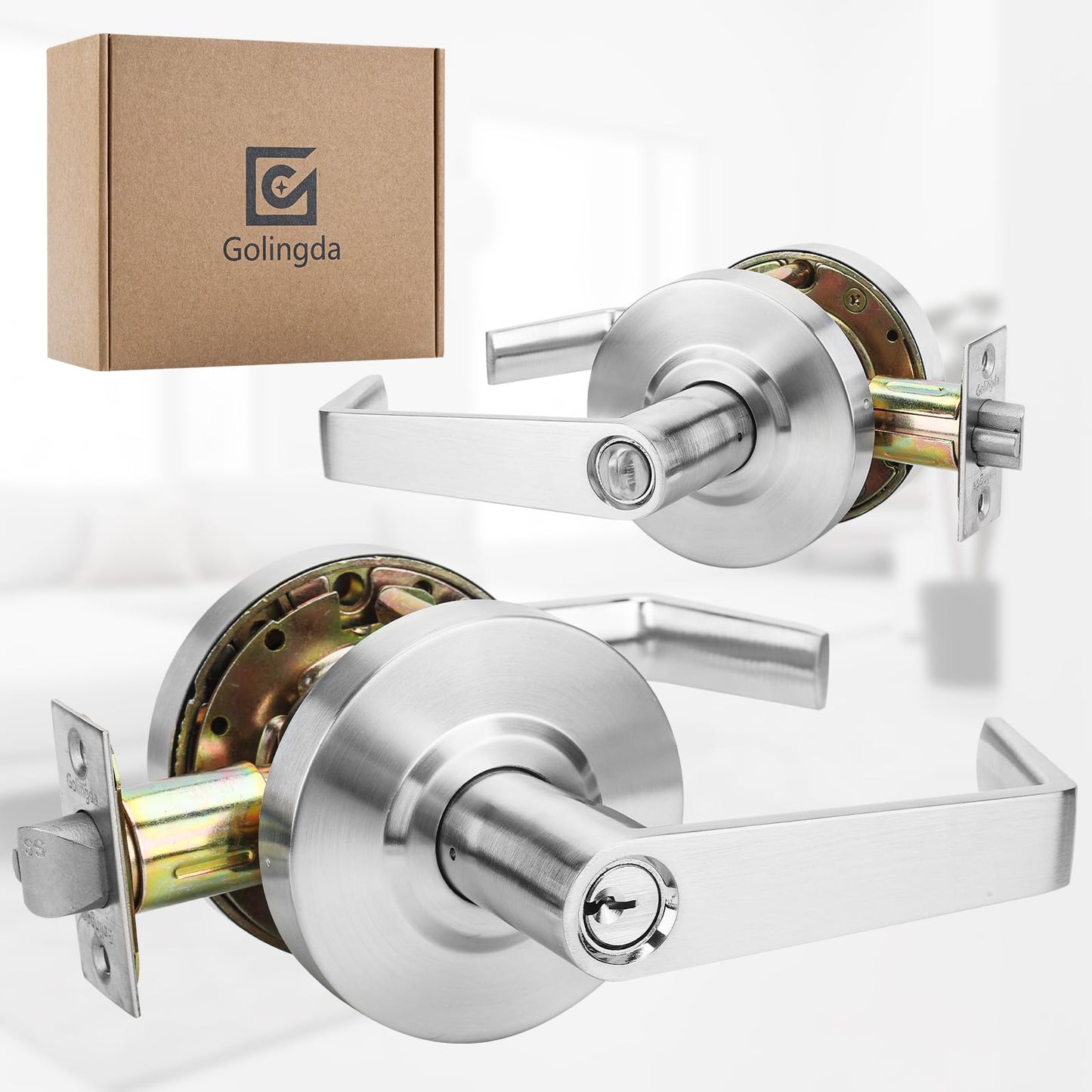 Golingda Grade 2 Comercial Door Entry Handles Door Locks with UL and 400000 Cyles Test, Made from Satin Chrome with Heavy Duty Lever Handles