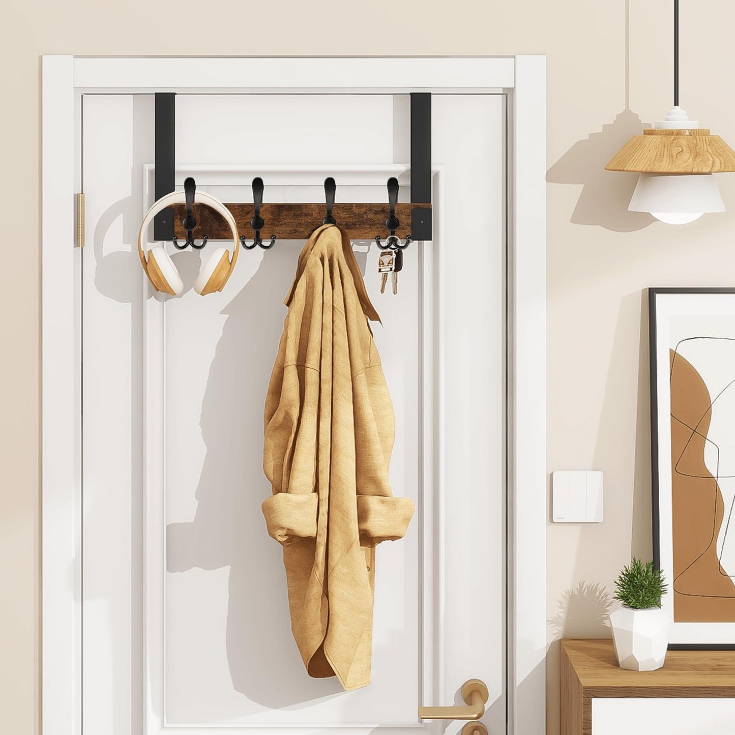 Homode Over The Door Hooks for Hanging, Heavy Duty Wood Over Door Hanger Hook, Over The Door Towel Coat Rack for Bathroom, Back of Door Hooks for Hanging Towels, Clothes, Hats, Rustic Brown Black