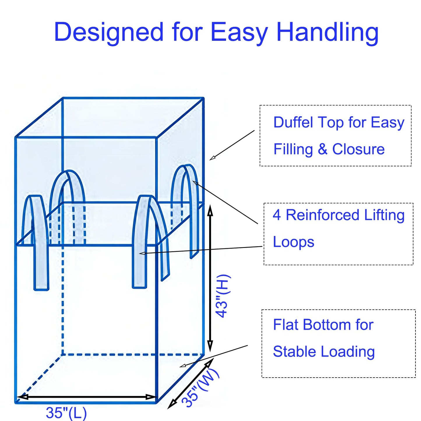 FIBC Bulk Bags 35x35x43 Inch, 2200 lbs. Capacity, 10 Pack, Double Warp Woven Polypropylene, Heavy Duty Ton Bags with Duffel Top & Flat Bottom, UV Resistant 4 Loops for Gravel, Grain, etc