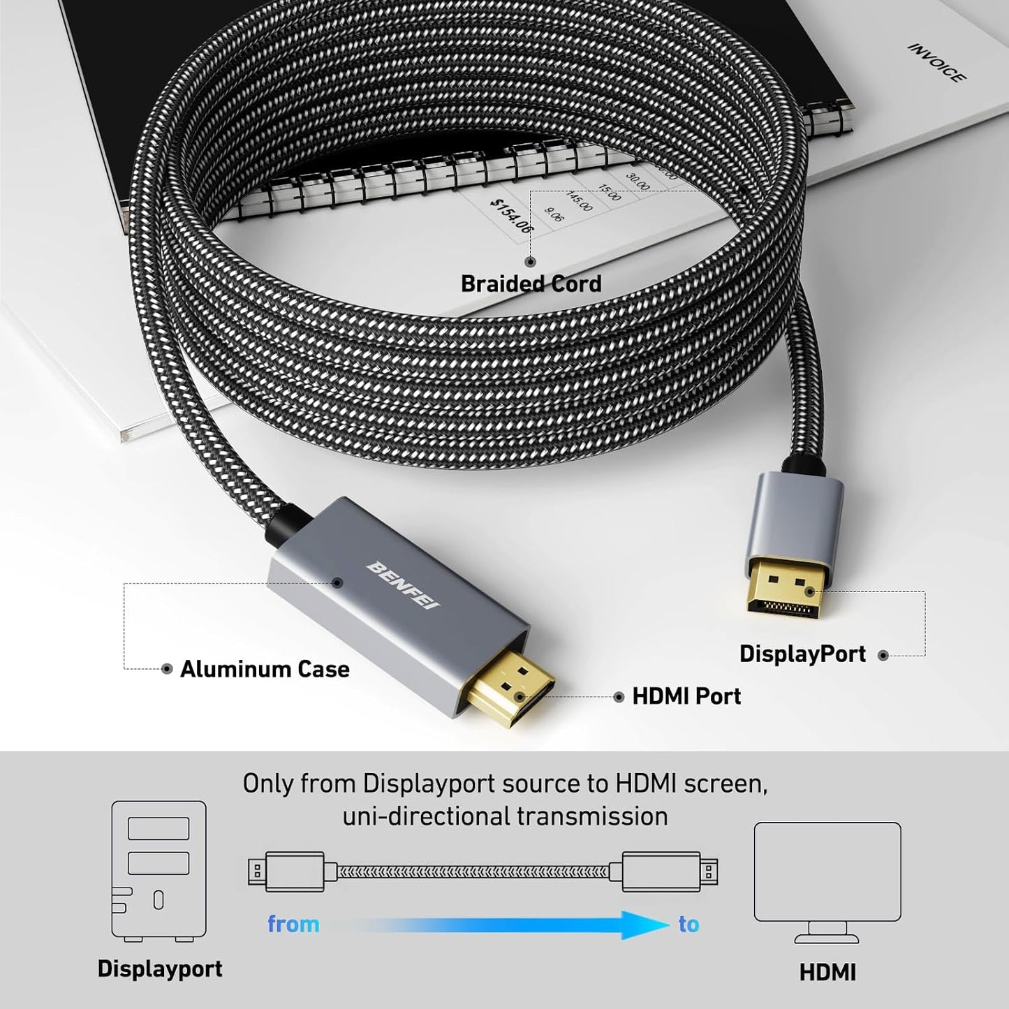 4K 10 1.2 1.4 BENFEI DisplayPort to HDMI Feet Cable[Aluminum Shell, Nylon Braided], Uni-Directional DP Computer to HDMI