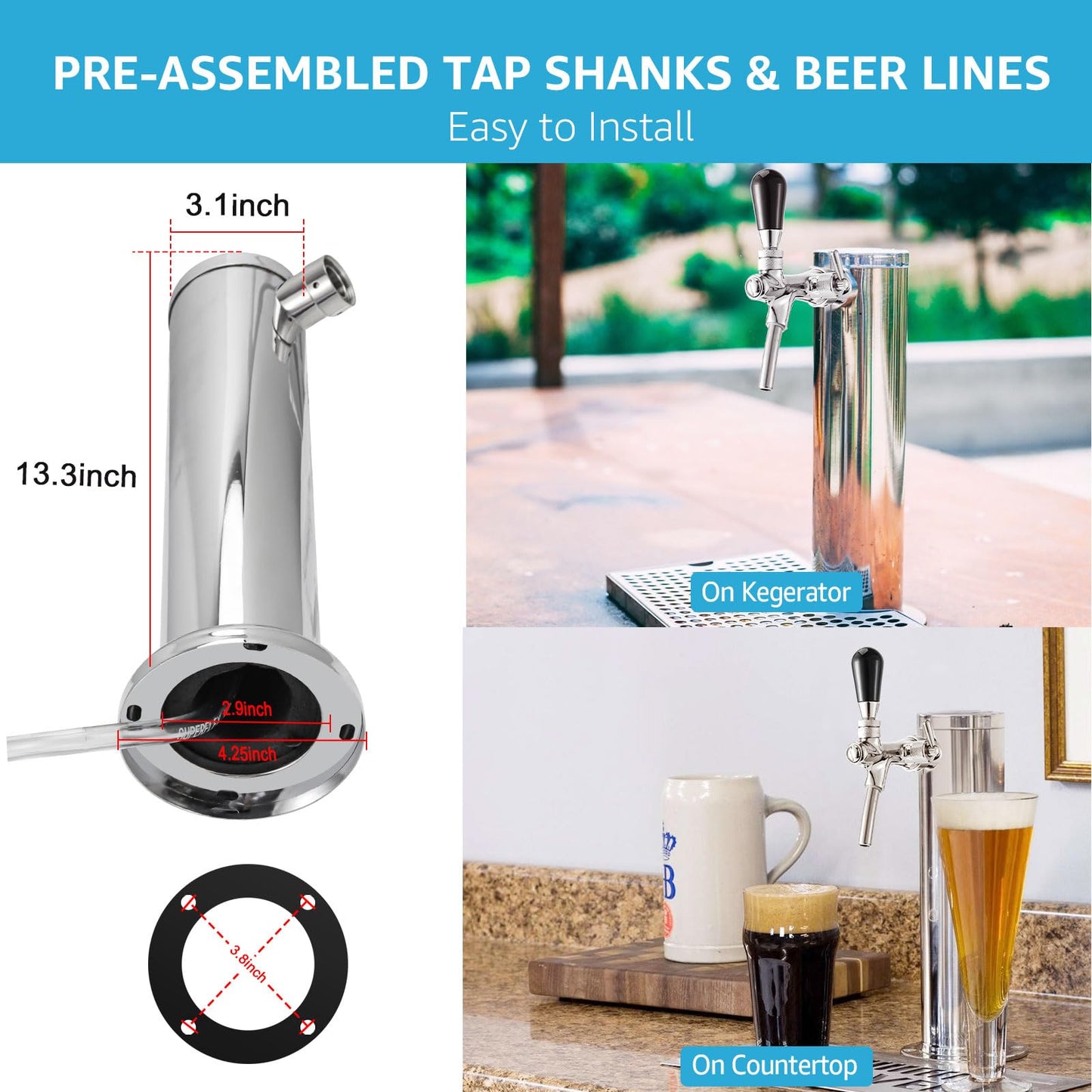 Adjustable Single Tap Tower Kegerator Tower, Draft Beer Tower Keg Tower with Kegerator Parts, Stainless Steel Core Pre-assembled Beer Line Beer Tower Dispenser for Homebrew