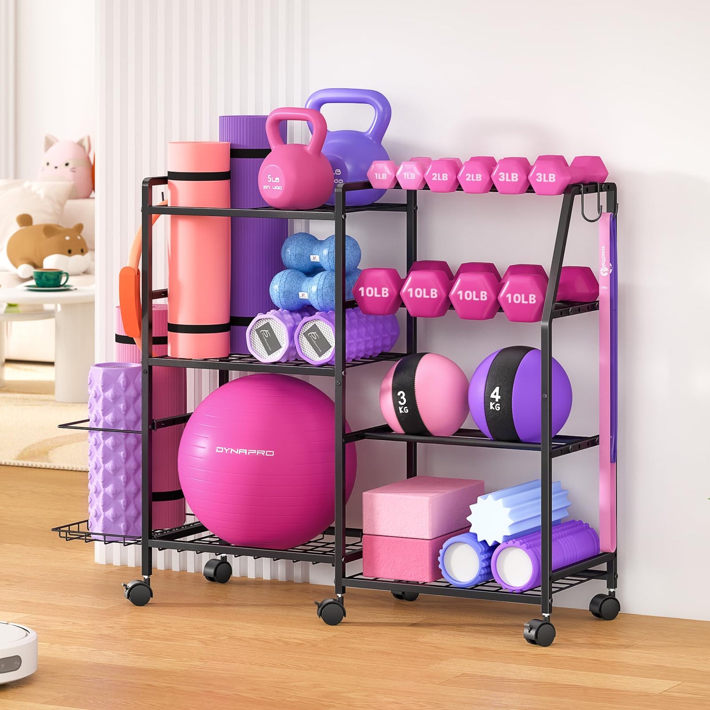 Dumbbell Rack, Weight Rack for Home Gym, Yoga Mat Storage Rack, Exercise Equipment Storage with Wheels and Hooks, Home Gym Equipment Organizer for Kettlebells