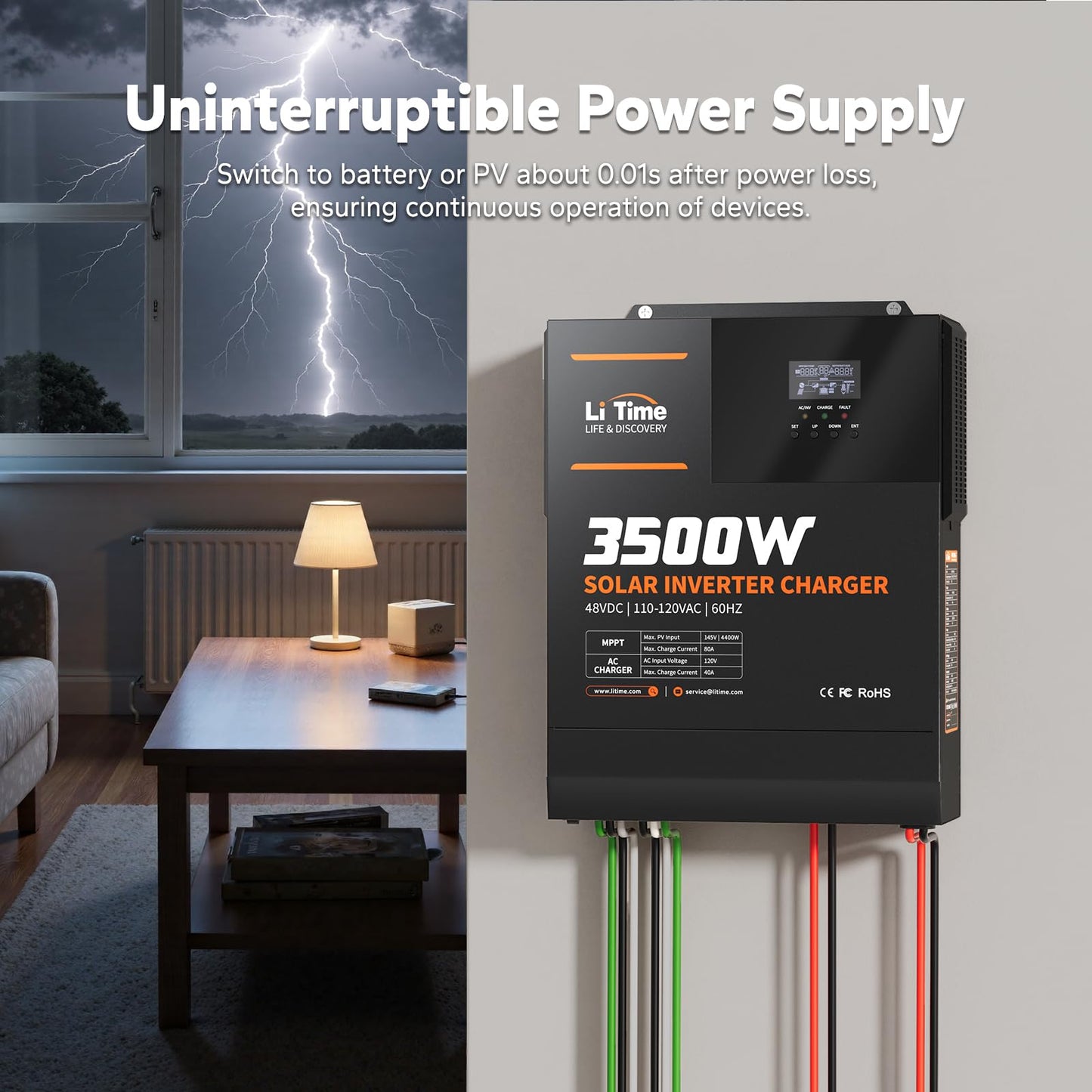 LiTime Solar Inverter Charger, 3500W DC 48V to AC 120V Pure Sine Wave Inverter with 80A MPPT Charge Controller, 40A AC Battery Charger, Uninterrupted Power Supply (UPS), RS485 Communication