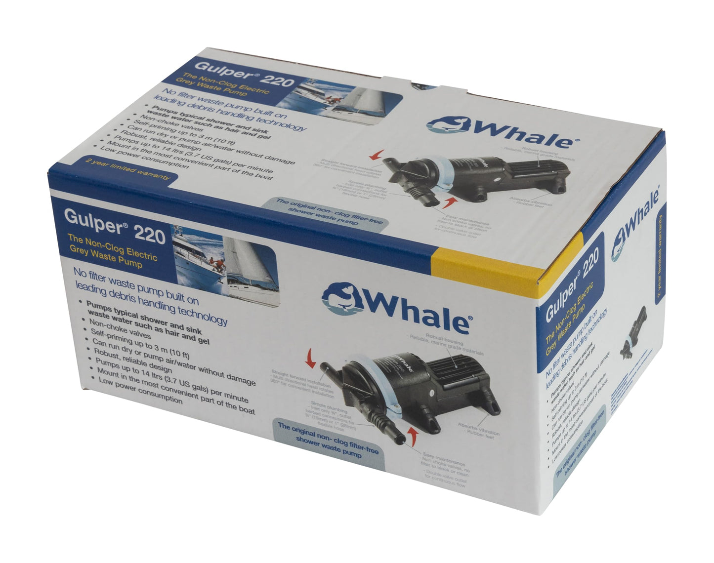 Whale BP1552 Gulper 220 Pump, Manages Gray Waste, 3.5 GPM Flow Rate, 12V DC, ¾-Inch Hose Connections, Black