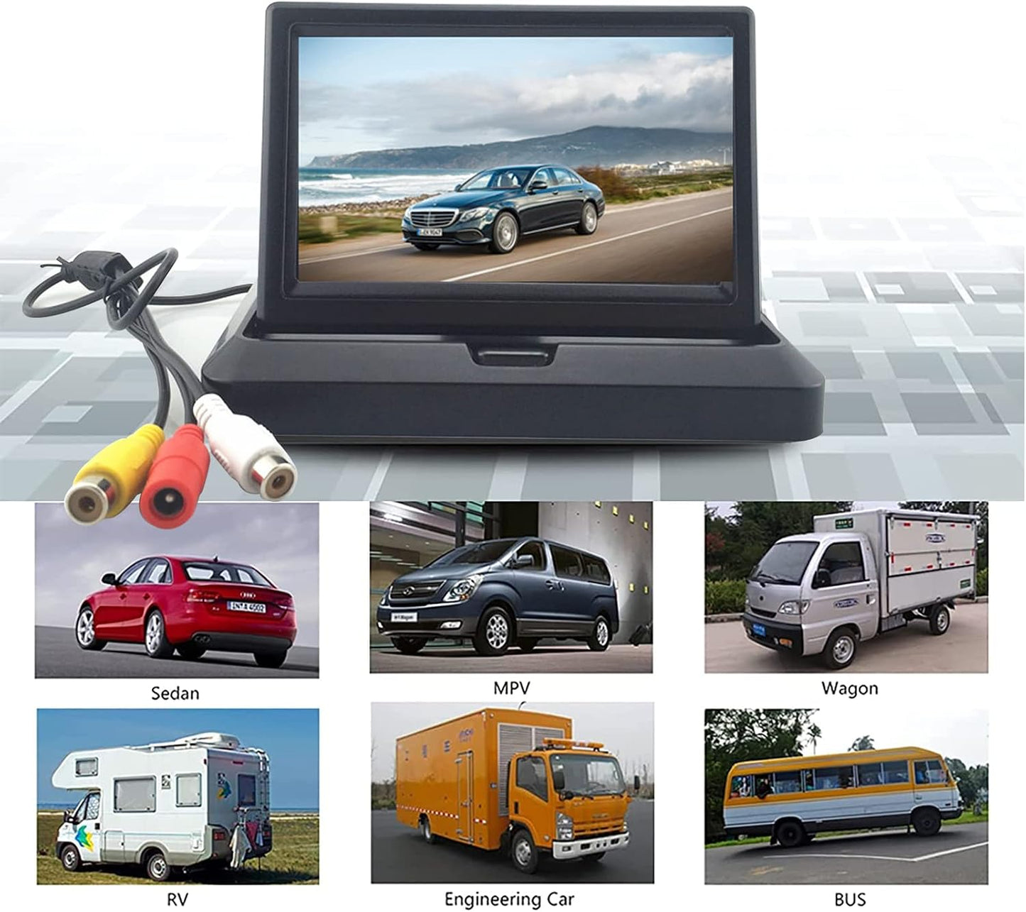 B-Qtech 5 inch V1/V2 12V/24V Foldable TFT LCD Backup Camera Monitor only Rear View Reverse Display Screen, Two Video