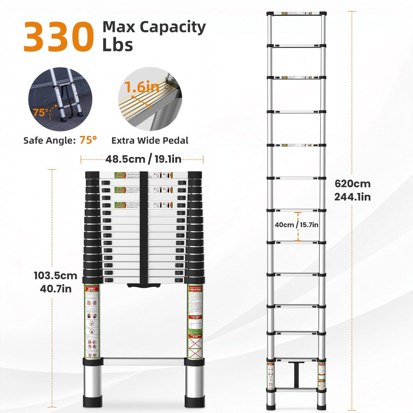 SPIEEK Telescoping Ladder for RV & Attic, 20.3FT Aluminum Extension Ladder with Dual Locking Mechanism, Max Load 330lbs, Compact Foldable Ladder for Roof, Home, Travel Trailer & Multi-Surface Use