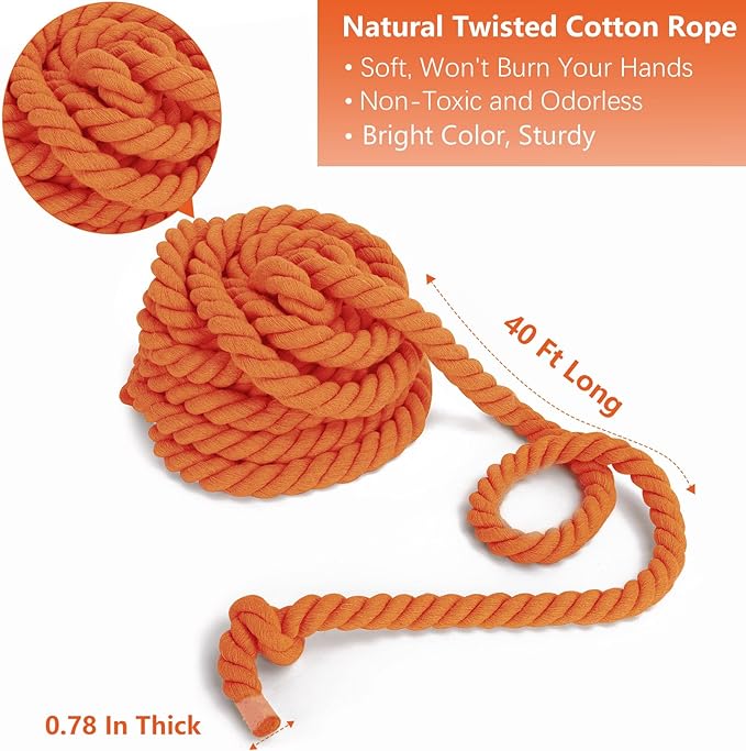 CWLAKON Tug of War Rope 40ft for Kids Adult, Outdoor Field Day Family Reunion Birthday Party Games, Orange, Includes 18 Medals, Storage Bag, Adjustable Center Flag