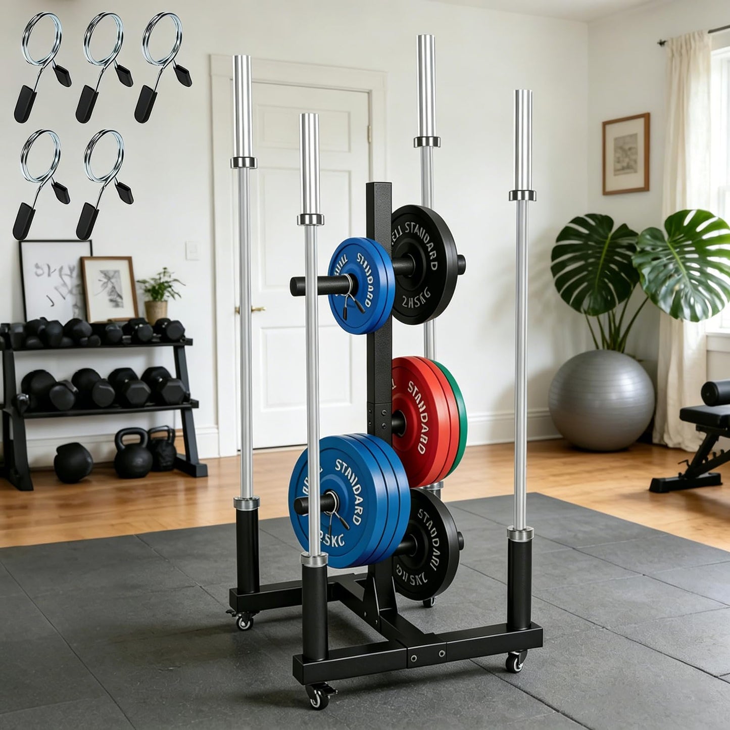 laapee Weight Plate Rack for 2-inch Olympic Bumper Plate and Barbell, Weight Tree with 800 LBS Capacity, Heavy Duty Storage Racks with 4 Barbell Holder & Lockable Wheels for Home Gym Garaage Gym