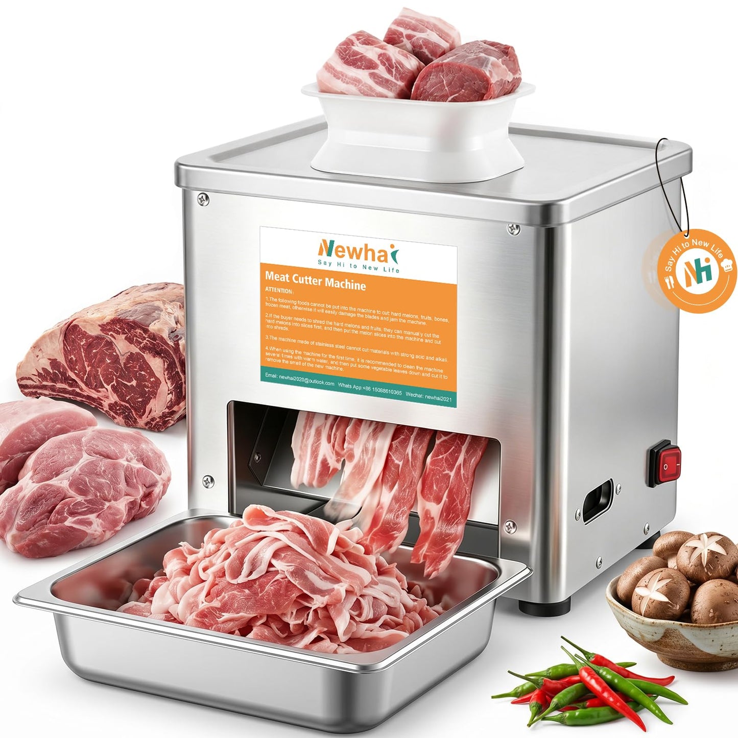 Newhai Upgraded Meat Cutter Machine, Commercial 5mm Electric Meat Slicer Shredded Cutting Machine, Stainless Steel 350lb/h, for Slices Strips Cubes