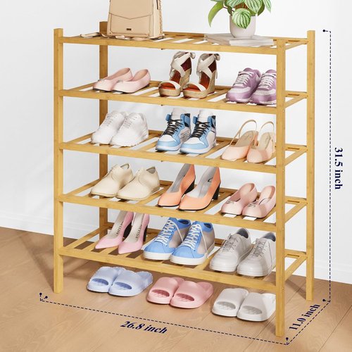 Kitsure Bamboo Wooden Shoe Rack - Stackable 5-Tier Organizer for Closet, Entryway & Bedroom - 26.8" Wide