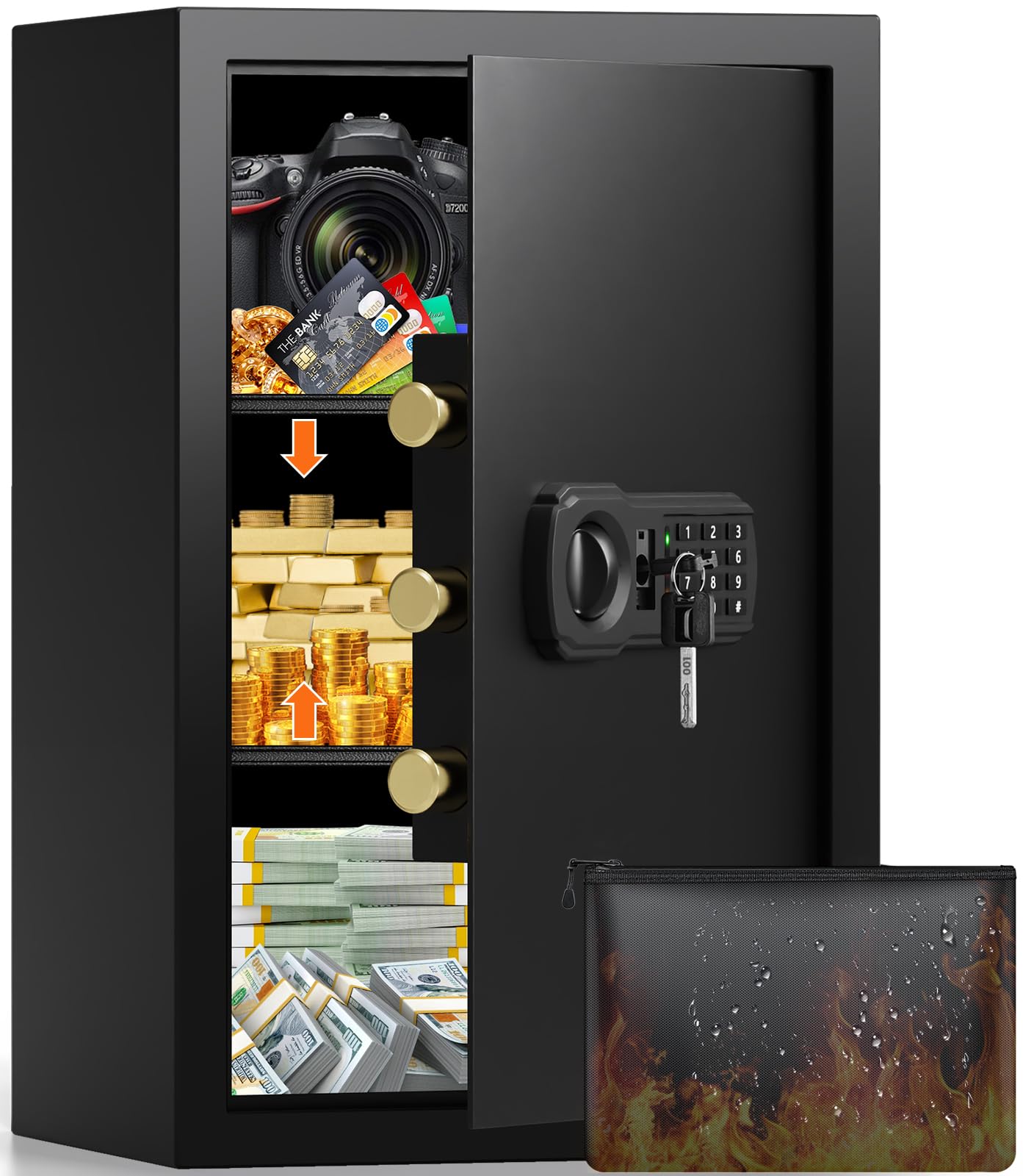21.65"H Large Safe Box for Home, 3.8 cu ft Anti-Theft Safe with A4 Fireproof Bag, Steel Security Safe with Keypad Lock, Backup Keys, External Power Supply Box, Document Safe for Cash Medicine Document