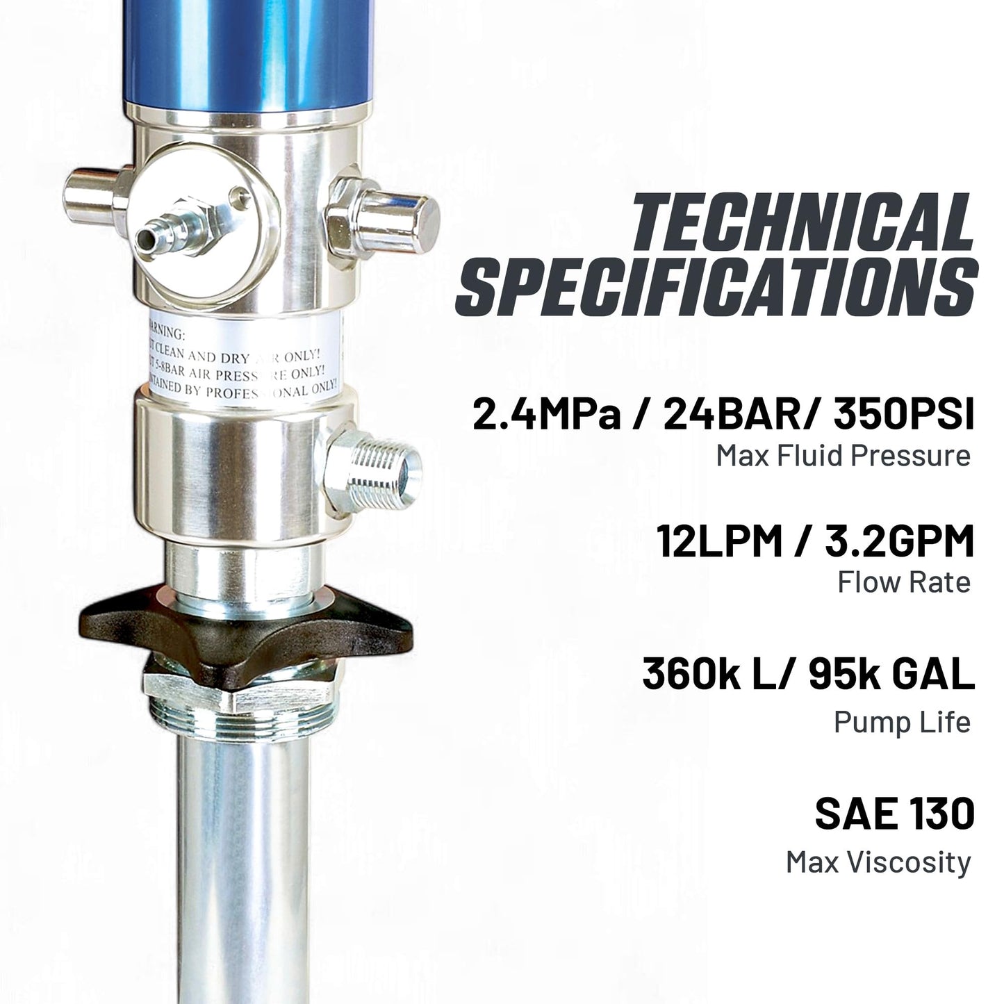 Goodyear Oil Transfer Pump Air Operated Pneumatic 3.1GPM / 12LPM PRO Heavy Duty Double Action 3:1 Fast High Flow Rate for SAE130 Oils/Fluids (NOT for Gasoline or Diesel)
