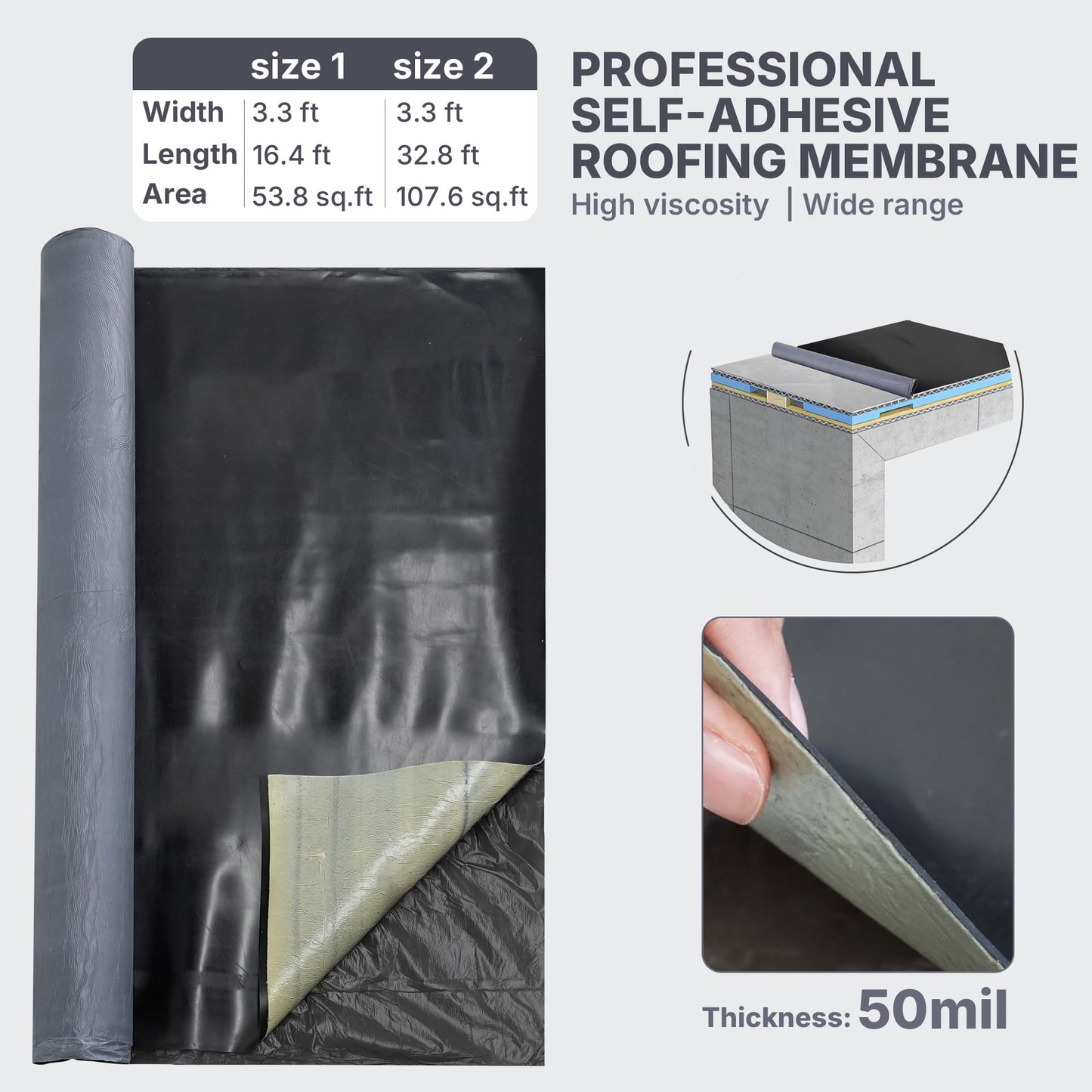 SFNSM 50 Mil EPDM Rubber Roofing Materials, Self-Adhesive Waterproofing Membrane for Roof 39 in x 16 ft, Underlayment Waterproof Membrane Foundation for Flat/Metal Roof, RV, Terrace Building Materials