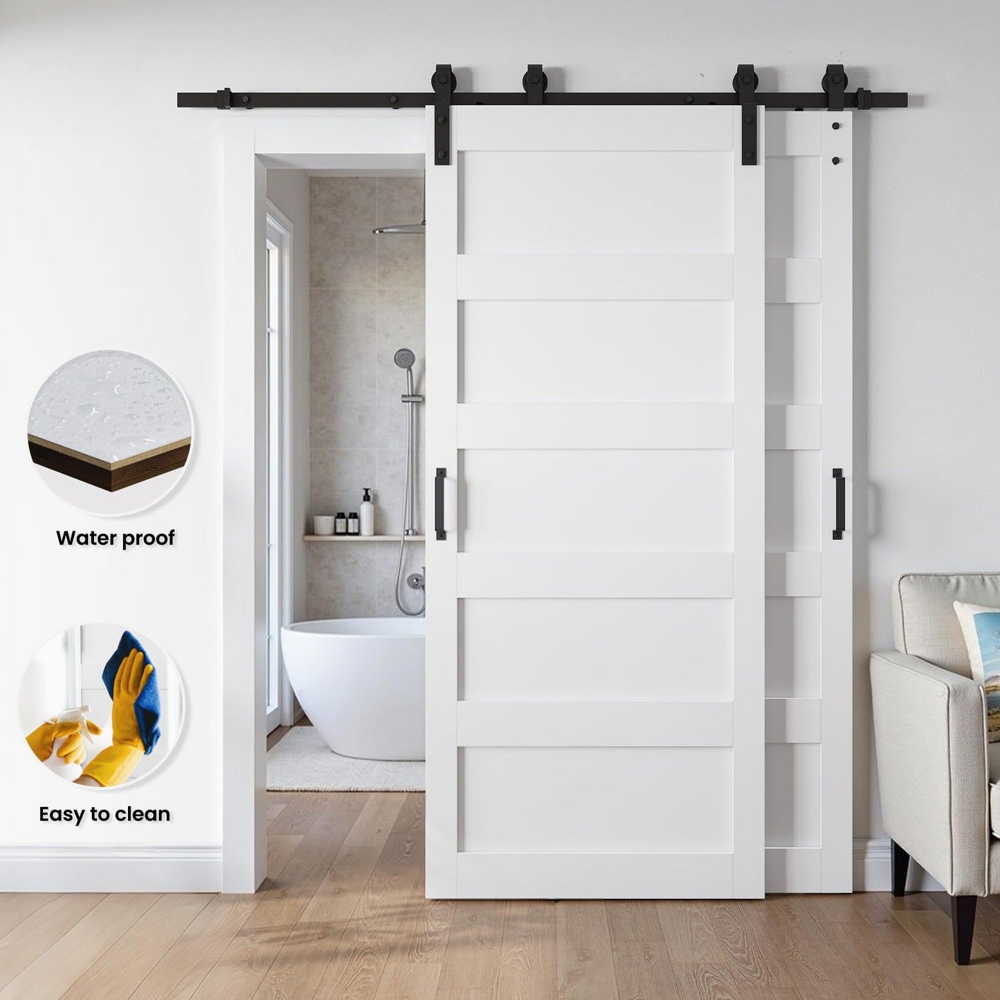 SmartStandard 36x84 Inch White Double Barn Door Set – 5-Panel MDF Sliding Doors with 6FT Bypass Barn Door Hardware Kit, Space-Saving Design, Easy Installation (Pre-Drilled Holes)