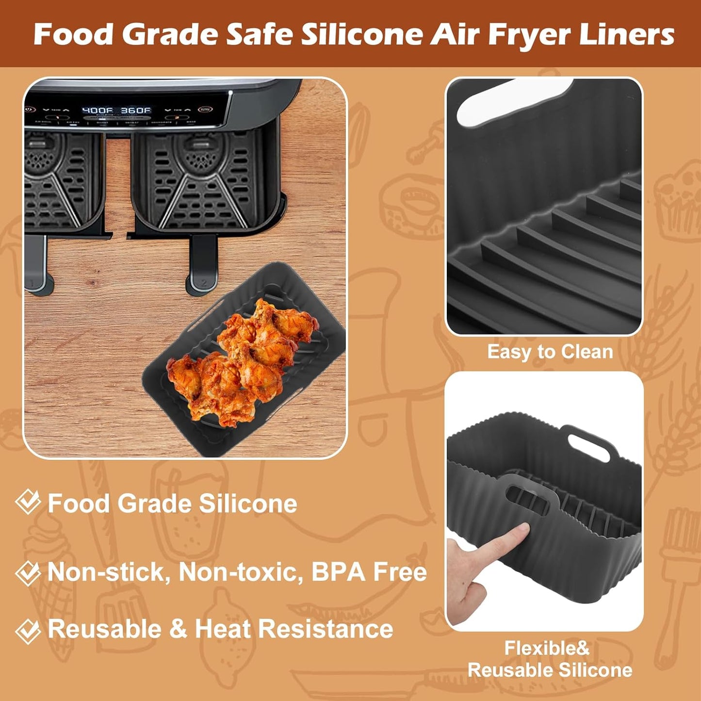 Ninja Foodi Silicone Air Fryer Liners - Non-Stick, Reusable 2-Piece Set for 8 QT Baskets