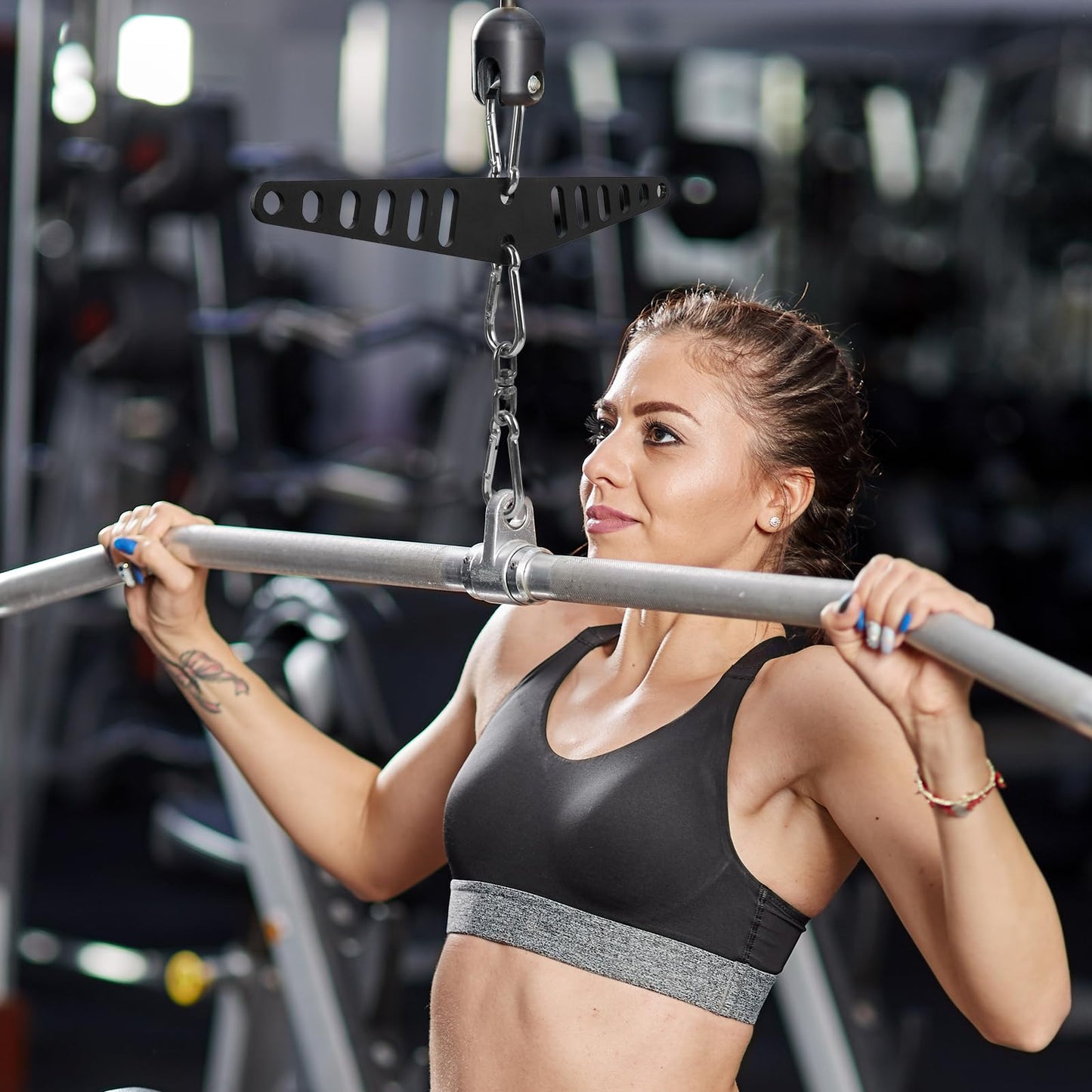 Multi-Grip LAT Pull Down Bar for Home Gym Fitness, Cable Machine Attachment, Spreader Plate LAT Pulldown Attachments for Pulley System Cable Machine (Long Handle)