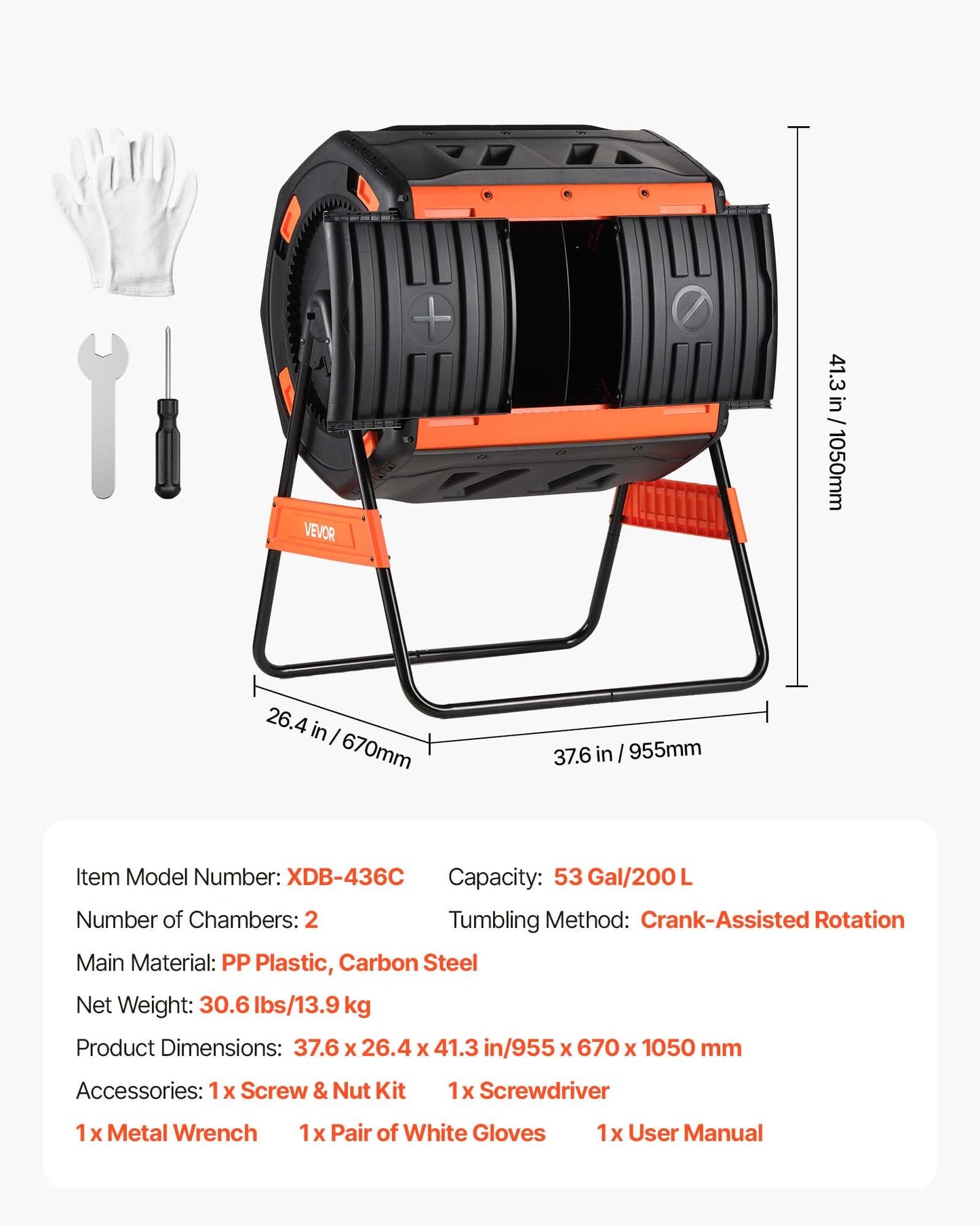VEVOR Compost Tumbler, 53 Gallon Dual Chamber Outdoor Tumbling Composter with 2 Sliding Doors and Aeration System, Large Easy-Turn Rotating Composting Bin for Outside, Garden, Kitchen, and Yard Waste