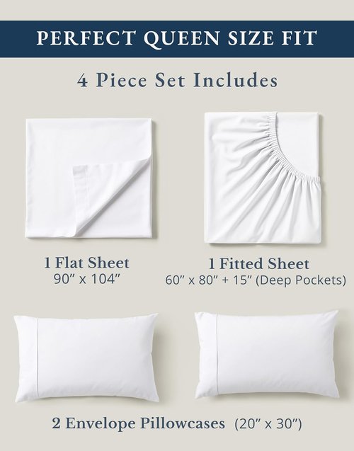 **LANE LINEN Eco-Friendly 100% Organic Cotton Queen Sheet Set - Soft, Comfy & Naturally Cooling, White**