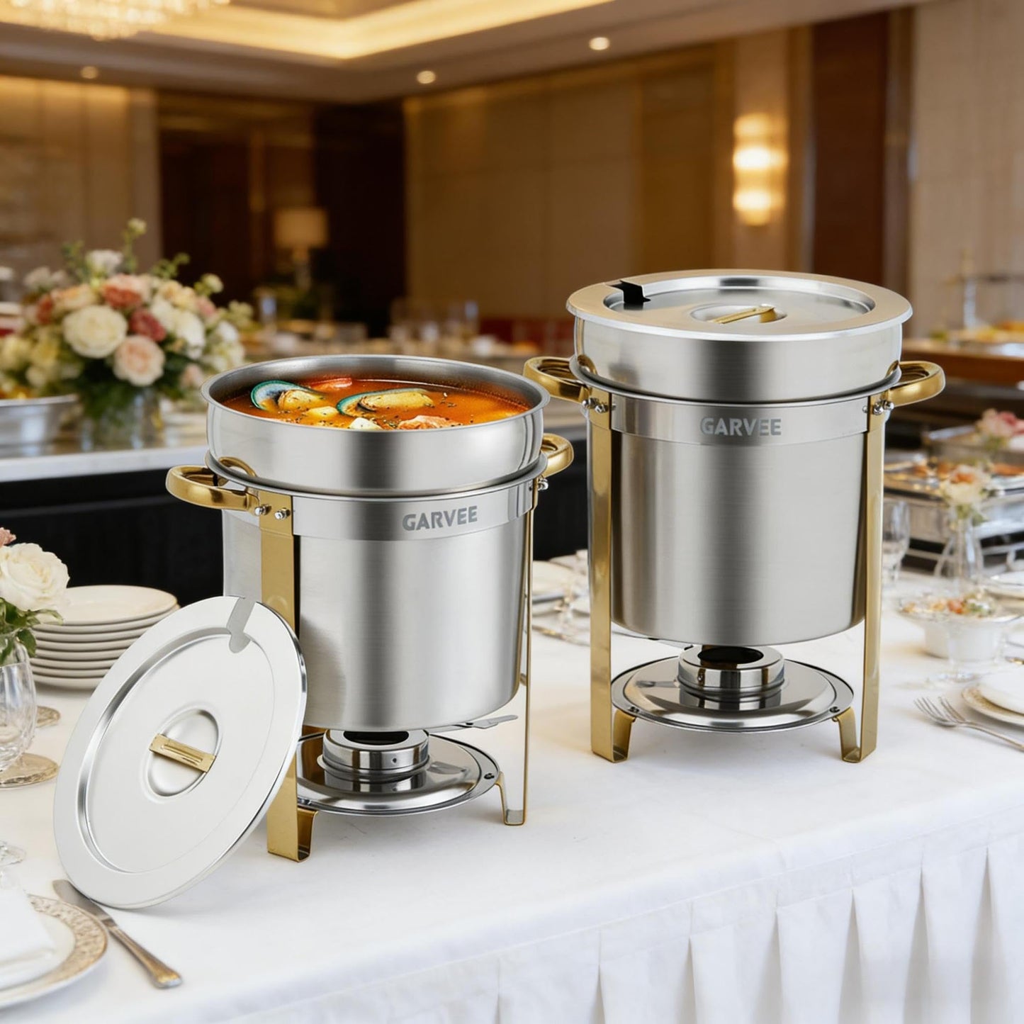 7QT Commercial Soup Warmer, 2 Pack Stainless Steel Round Soup Chafer with Pot, Notched Lids & Fuel Holders, Food Warmer for Buffets Parties Wedding Banquets Catering, Gold