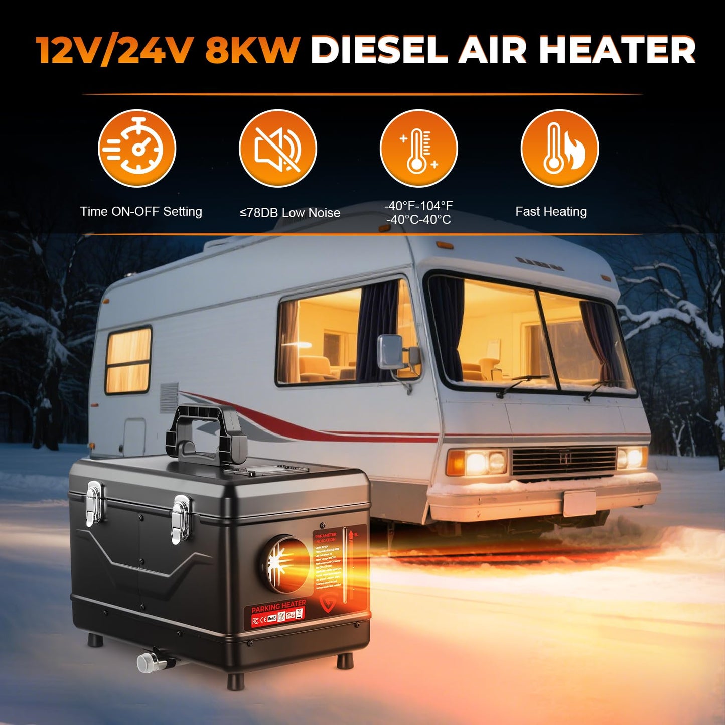 GEARLASSO Diesel Heater 12V/24V/110V 8KW Protable Toolbox Diesel Parking Heater with APP Remote Control and Charger LCD Screen Suitable for Home Shop Garage RV Trailer Boat Camper Black