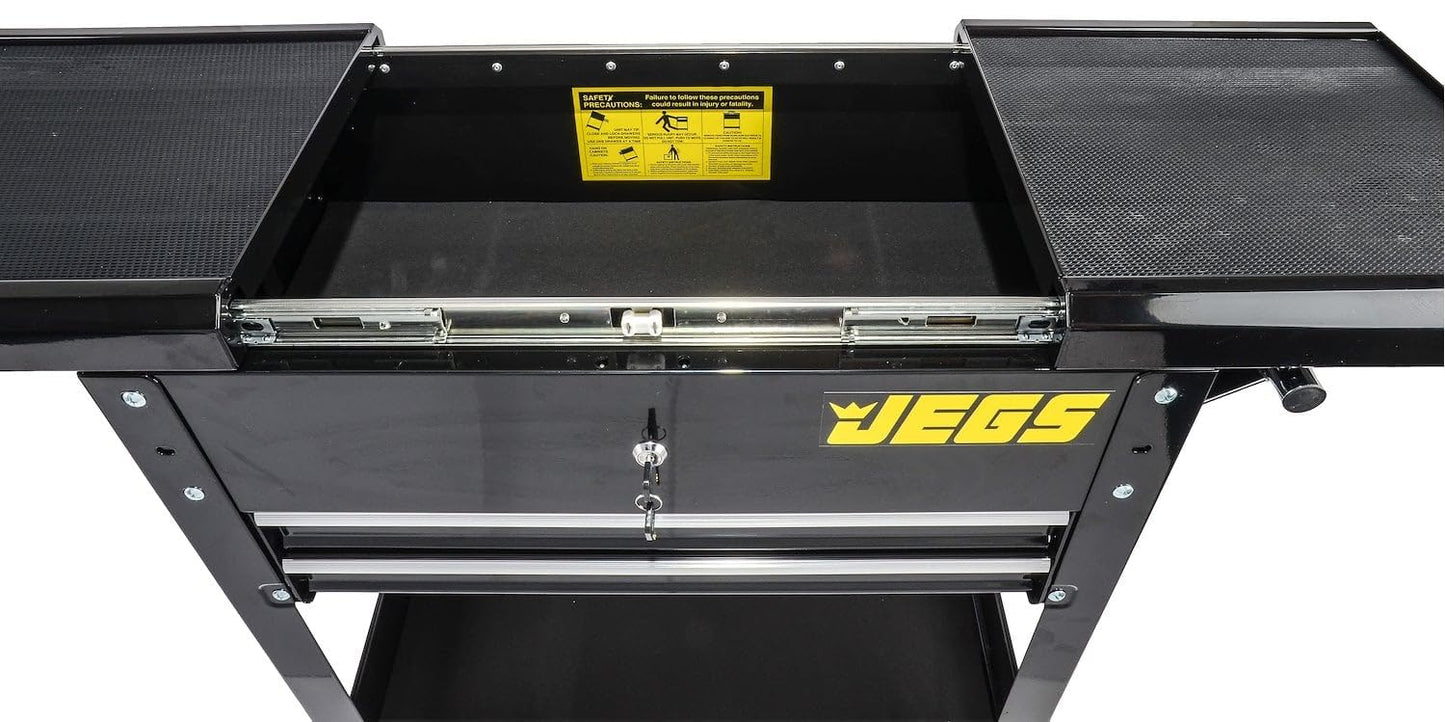 JEGS Heavy-Duty Tool Box Cart | 220 LBS Capacity | Uses Four 4" Caster Wheels | Includes 2 Keyes and 6 Drawer Liners | Black with JEGS Logo | 2 Locking Drawers | Sliding Top
