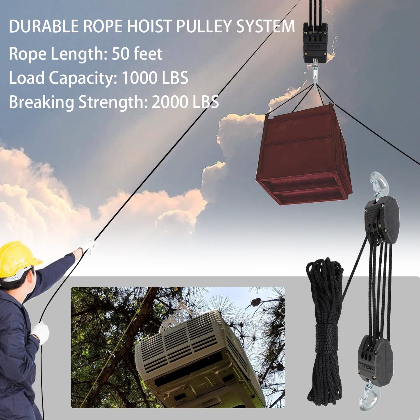 XSTRAP Rope Hoist 50 Feet Block and Tackle Pulley System for Lifting Heavy Objects, Heavy-Duty 2000 LBS Breaking Strength with 2PK Soft Loops, 5:1 Lifting Power Pulley Hoist (Upgraded Black)