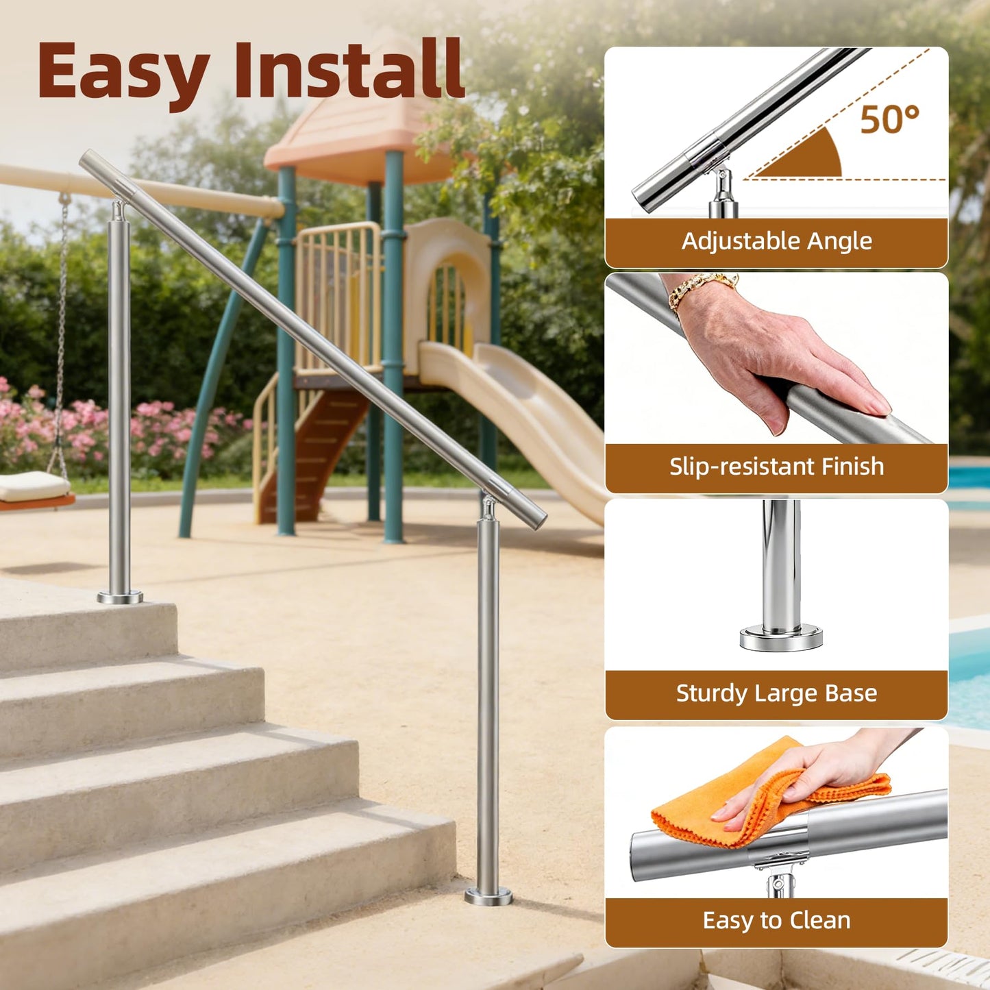 Hand Rails for Outdoor Steps – 54" L x 36" H 4-Step 304 Stainless Steel Railing Kit, Adjustable Step Railing for Concrete Steps & Porch Railing for Exterior Stairs