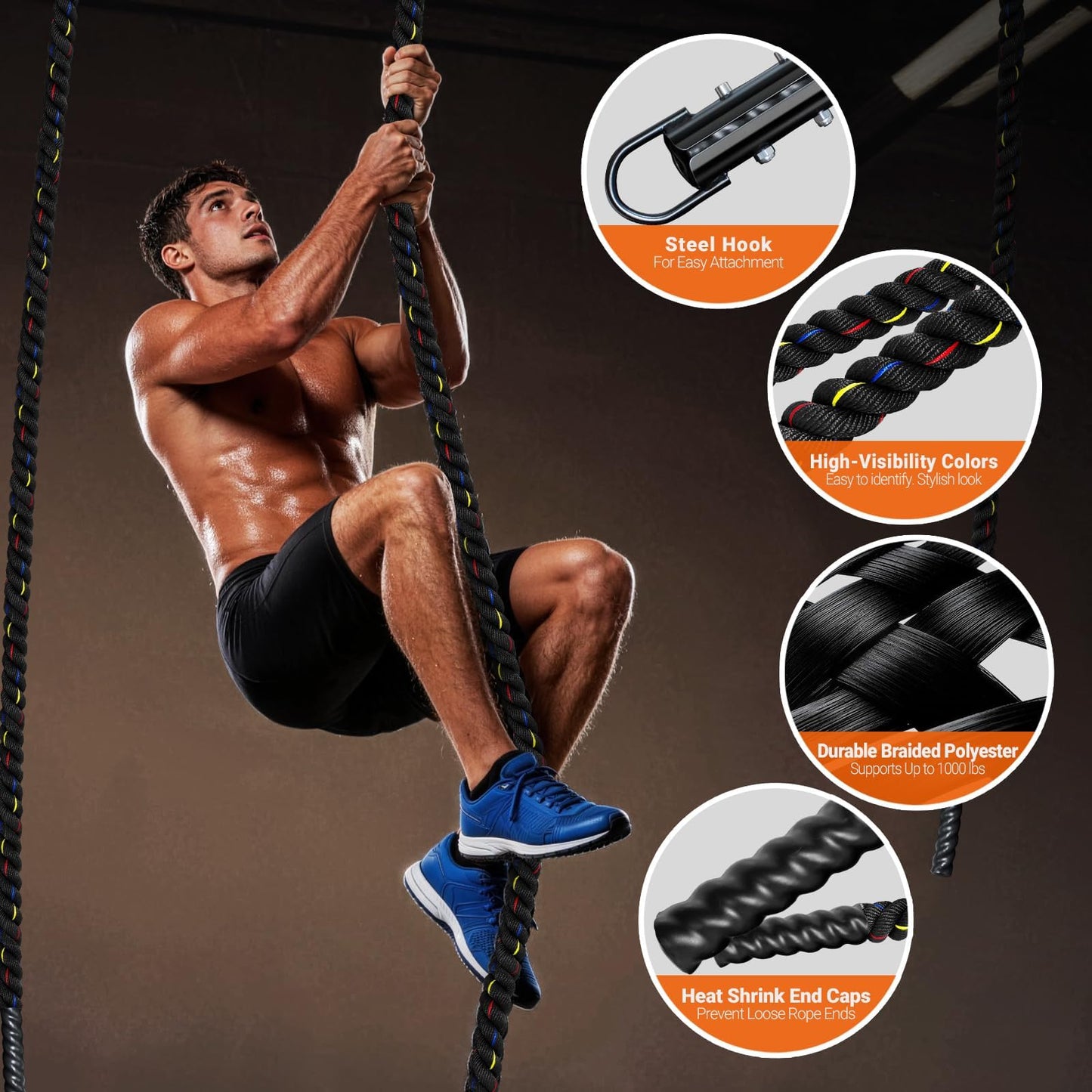 Brobantle Climbing Rope Gym Workout - 1.5 Inch Diameter 15FT Heavy Duty Thick Rope Work Out Exercise Ropes for Adults or Kids Home Indoor & Outdoor Fitness and Strength Training