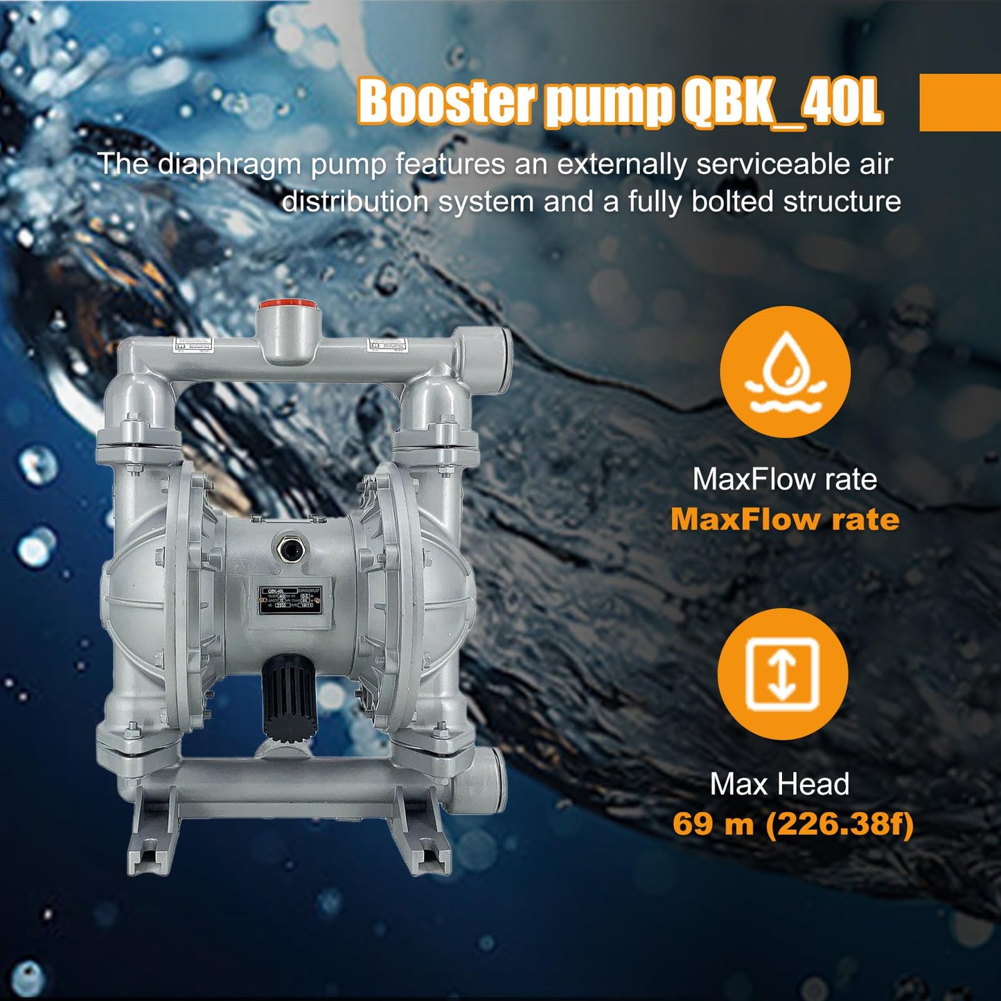 Cozyel Air-Operated Diaphragm Pump Double Diaphragm Pump 1-1/2 inch Inlet & Outlet, Dual Diaphragm Air Pump Aluminum Alloy 44 GPM Max 115PSI, QBK_40L