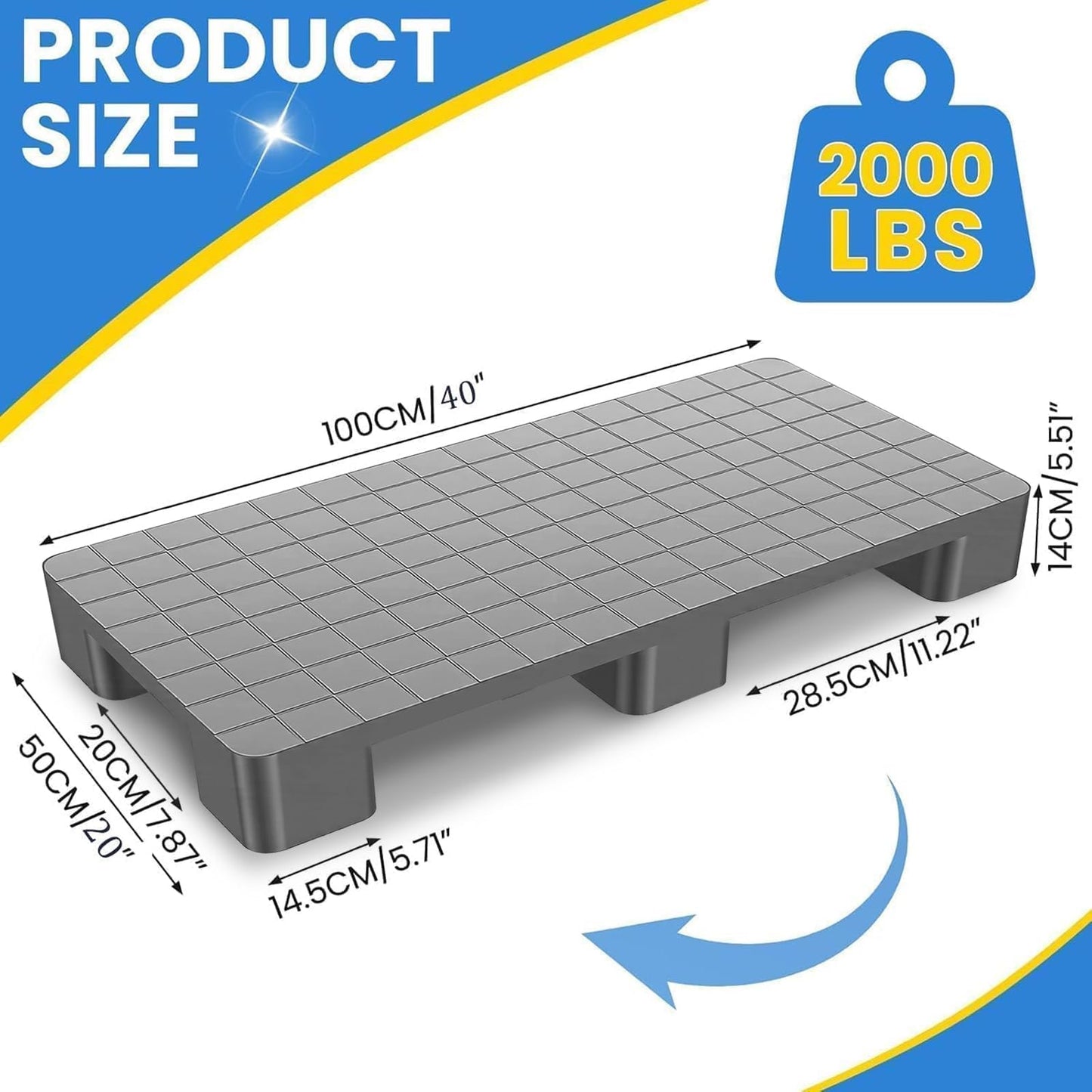 2 Pcs Plastic Storage Pallets, 40"L x 20"W x 5.5"H Stackable Lightweight Floor Pallets, 2000Lbs Capacity Plastic Pallets for Basement Storage, Logistics and Warehousing, Gray