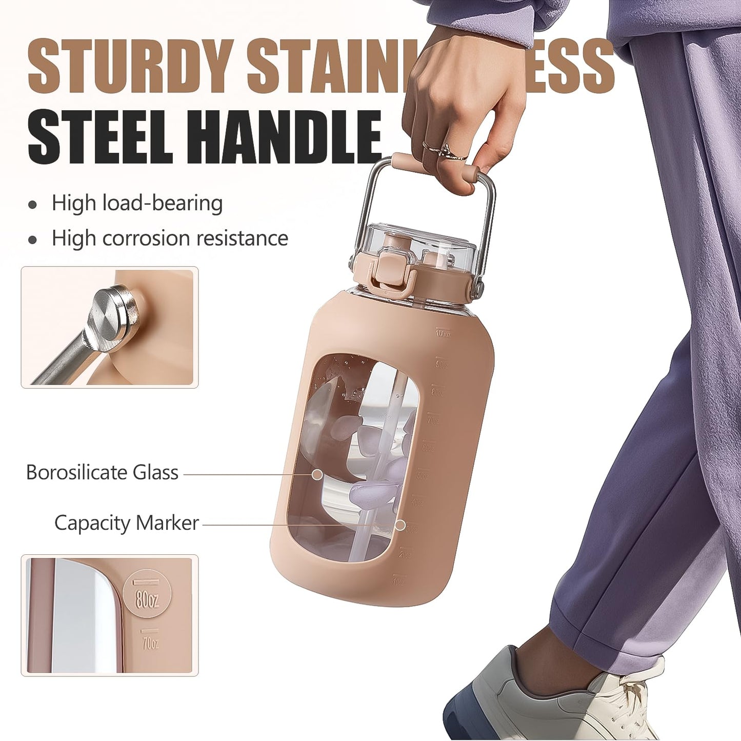 WINSA Large Glass Water Bottles with Stainless Steel Handle,100 oz Gallon Drinking Bottle with 2-in-1 Straw Lid,3 Liter Glass Water Jug with Silicone Sleeve,Wide Mouth,Amber