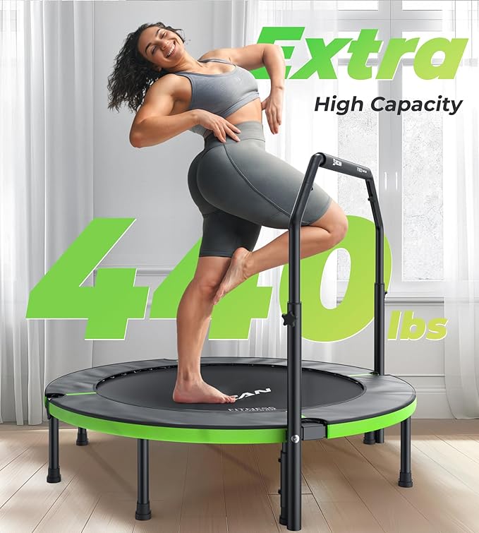 BCAN 40"/48" Foldable Mini Trampoline, Rebounder Trampoline for Adults, U/T Adjustable Foam Handle, Exercise Rebounder for Adults Indoor/Garden Workout, Max Load 330lbs/440lbs