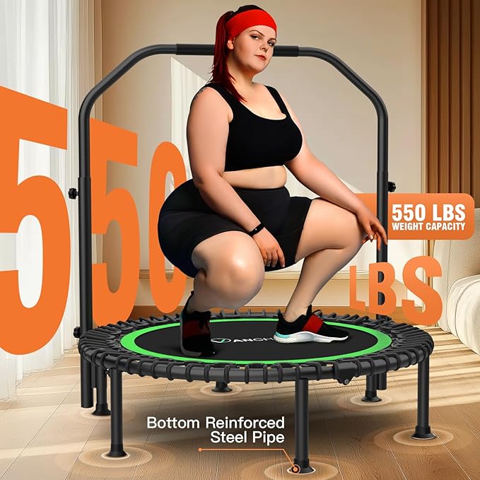 ANCHEER 40"/48" Foldable Rebounder Trampoline for Adults/Kids with Resistance Bands and Bungees, Indoor & Outdoor Mini Trampoline with Bar and Safety Padding - Max Load 450lbs/550lbs