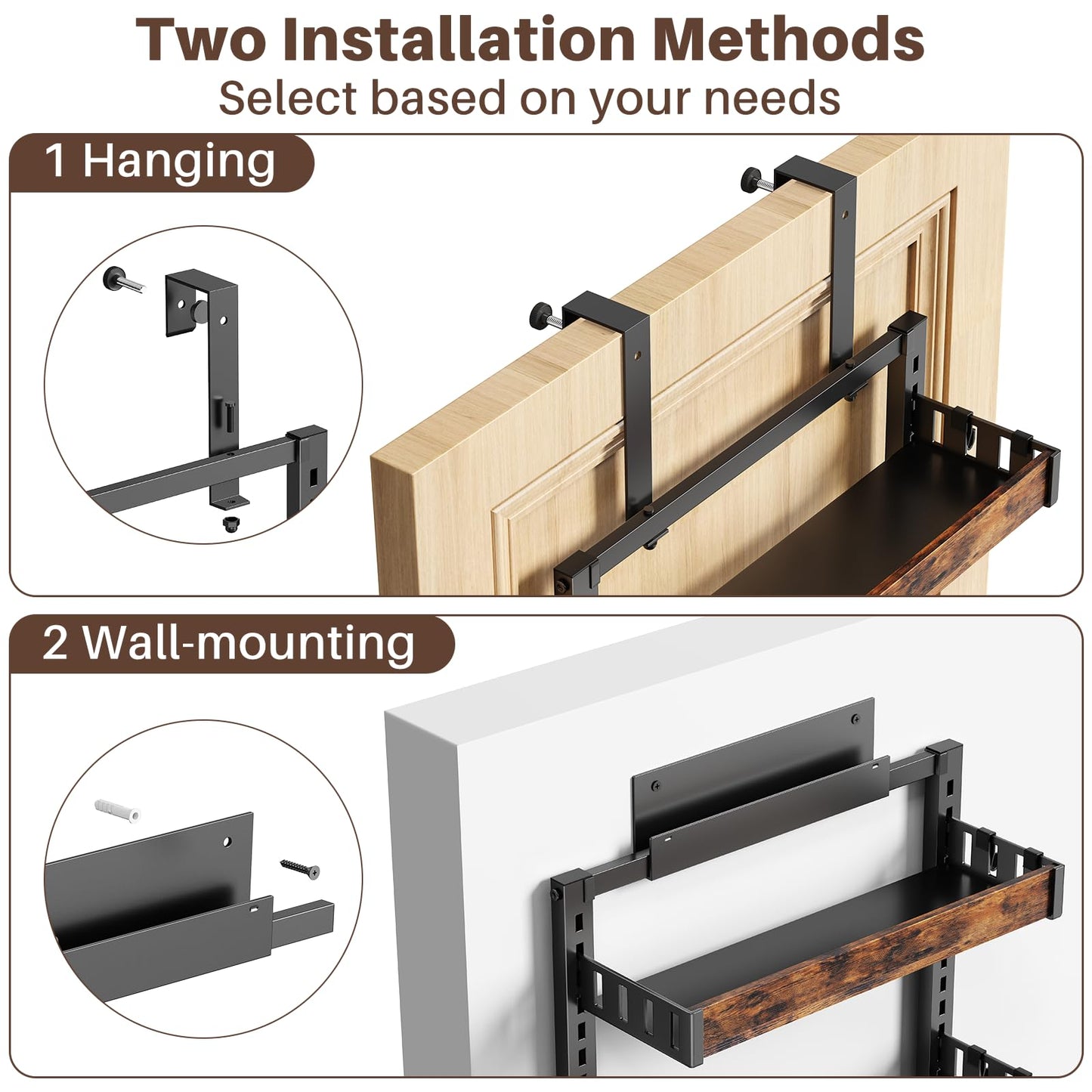 8 Tier Over The Door Pantry Organizer, 2 IN 1 Wall Mount or Metal Hanging Spice Rack for Pantry Organizers and Storage, Seasoning Shelves，Adjustable Basket with Hooks for Kitchen Cabinet and Closet
