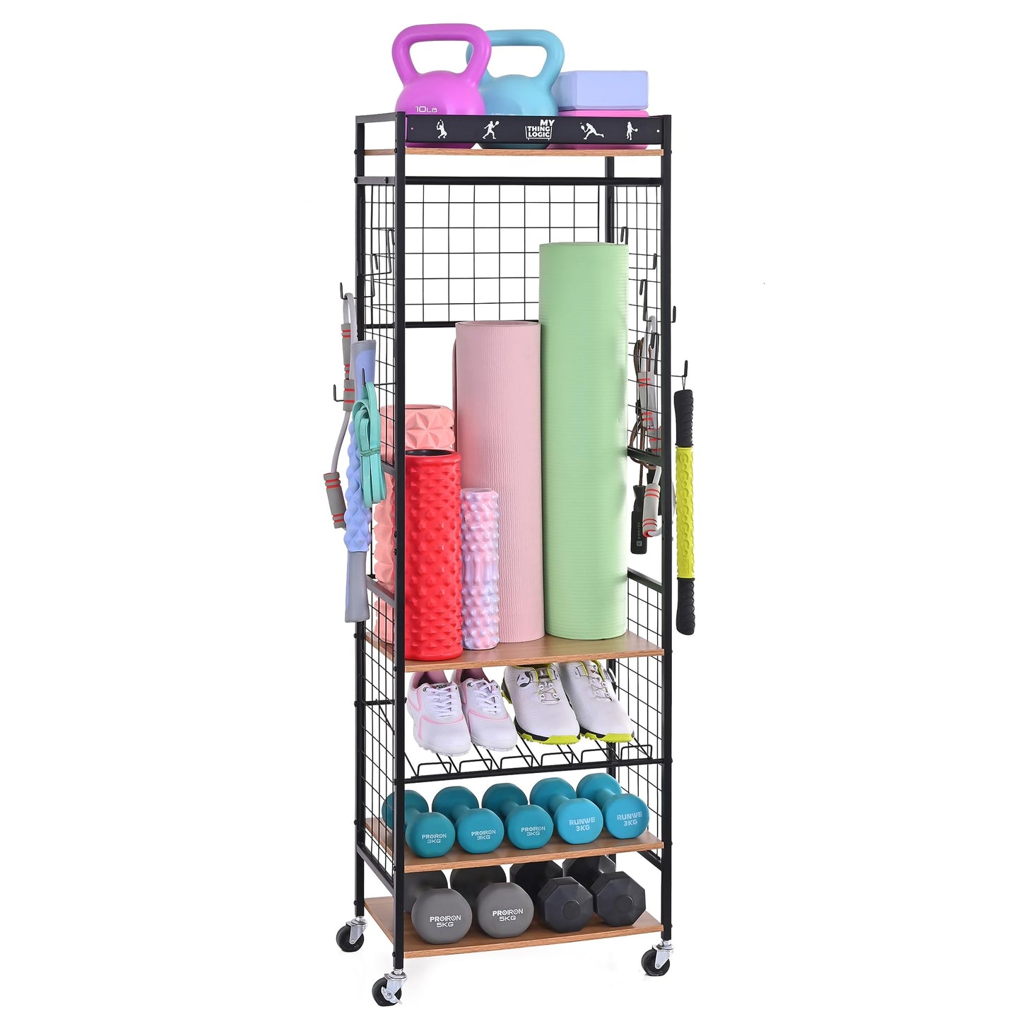 Mythinglogic Yoga Mat Storage Rack, Workout Equipment Organizer for Home Gym, Weight Rack for Dumbbells Kettlebells and Strength Training Equipment