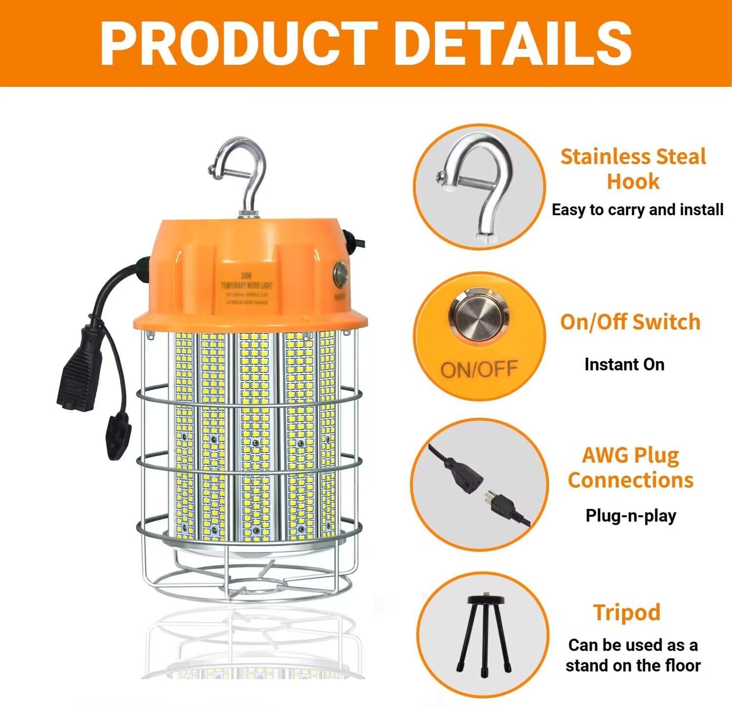 400W LED Temporary Work Light,Portable Hanging Construction Work Light,5000K 56000LM,with ON/Off Button & Hook Jobsite Lighting