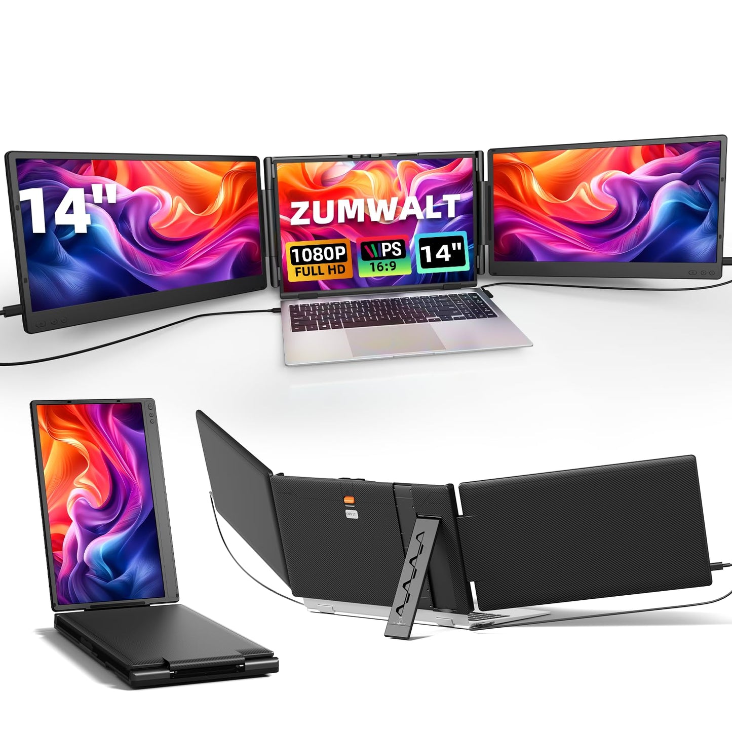 ZUMWALT Laptop Screen Extender, 14" Triple Portable Monitor for Laptop, 1080P FHD Screen Extender Monitors for 13"-16.5", Monitor Extender for MacOS/Windows/Chrome (Built-in Speakers)