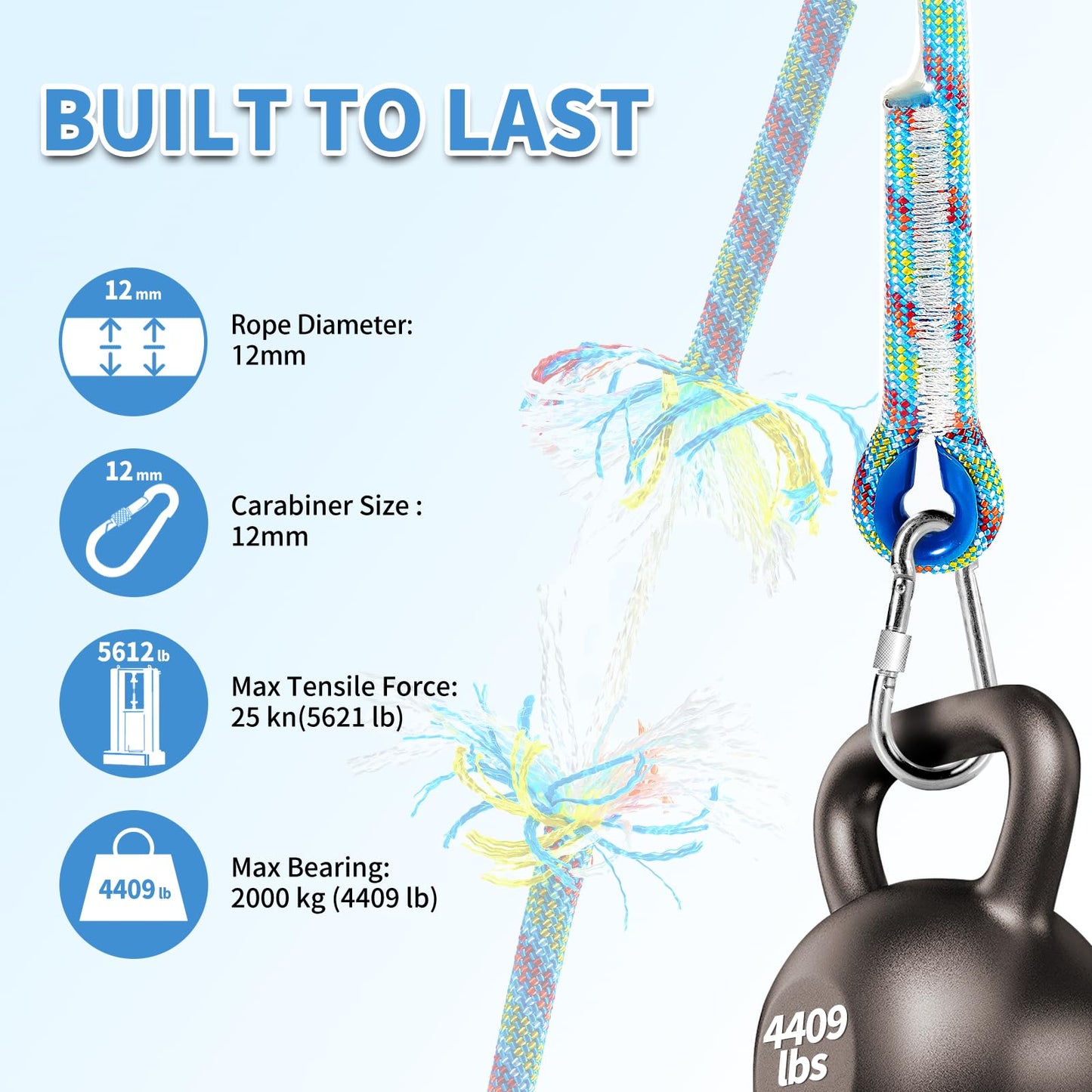 Werfeito Tree Swing Ropes (Set of 2), 3FT/5FT/10FT/15FT/20FT, Tree Swing Straps Hanging Kit Holds 4400 lbs, Heavy Duty Carabiners for All Swing Hammock Playground Set Accessories (20 FT)