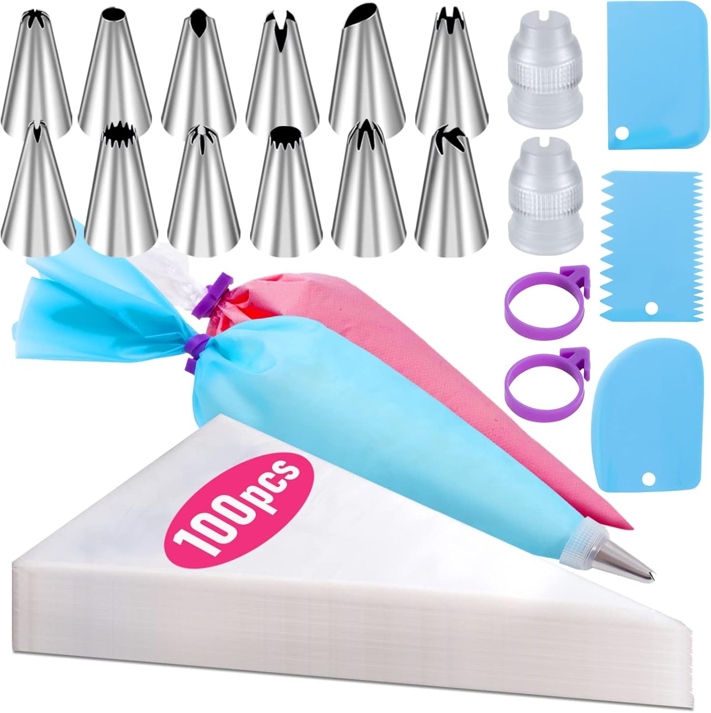 Skiennix Piping Bags and Tips Set - 100 Pcs 12 Inch Disposable Icing Bags for Cake Decorating | Includes Reusable Bag, Couplers, 12 Frosting Tips, 2 Ties & 3 Scrapers