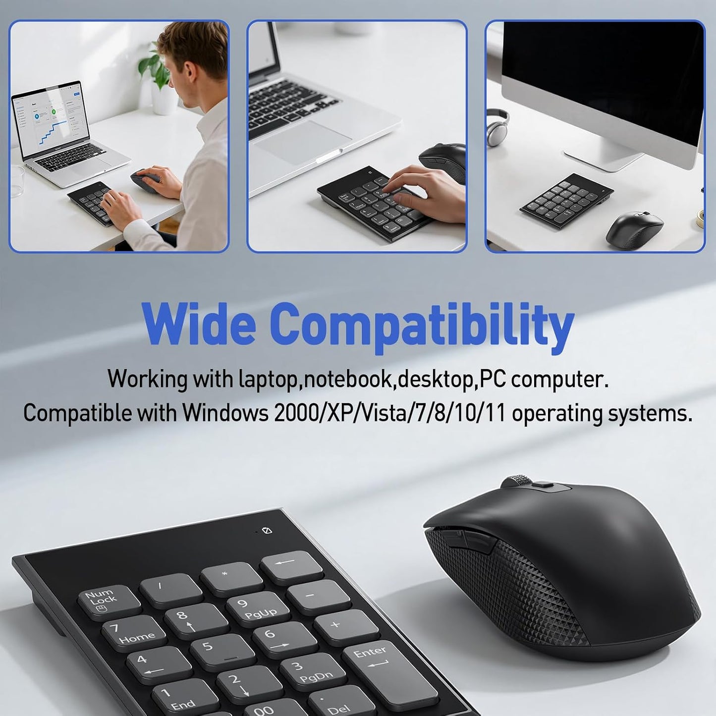 Yeemie Pro 19 3 2.4GHz Wireless Number Pad and Mouse Combo, Key USB Keypad and Adjustable DPI Silent Mouse, Ultra Slim