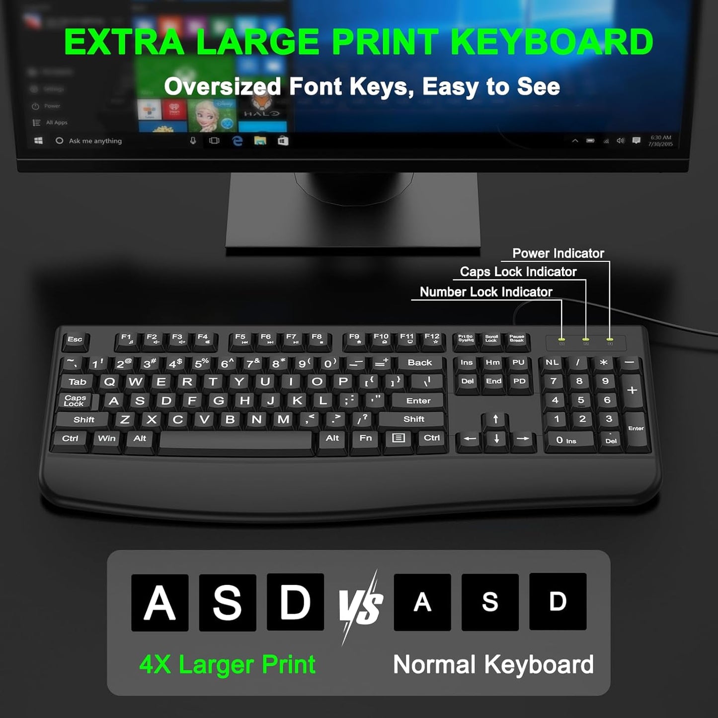 QUASIO 4X Large Print Ergonomic Keyboard, Full Size Keyboard with Wrist Rest, Silent Wired USB Computer Keyboard