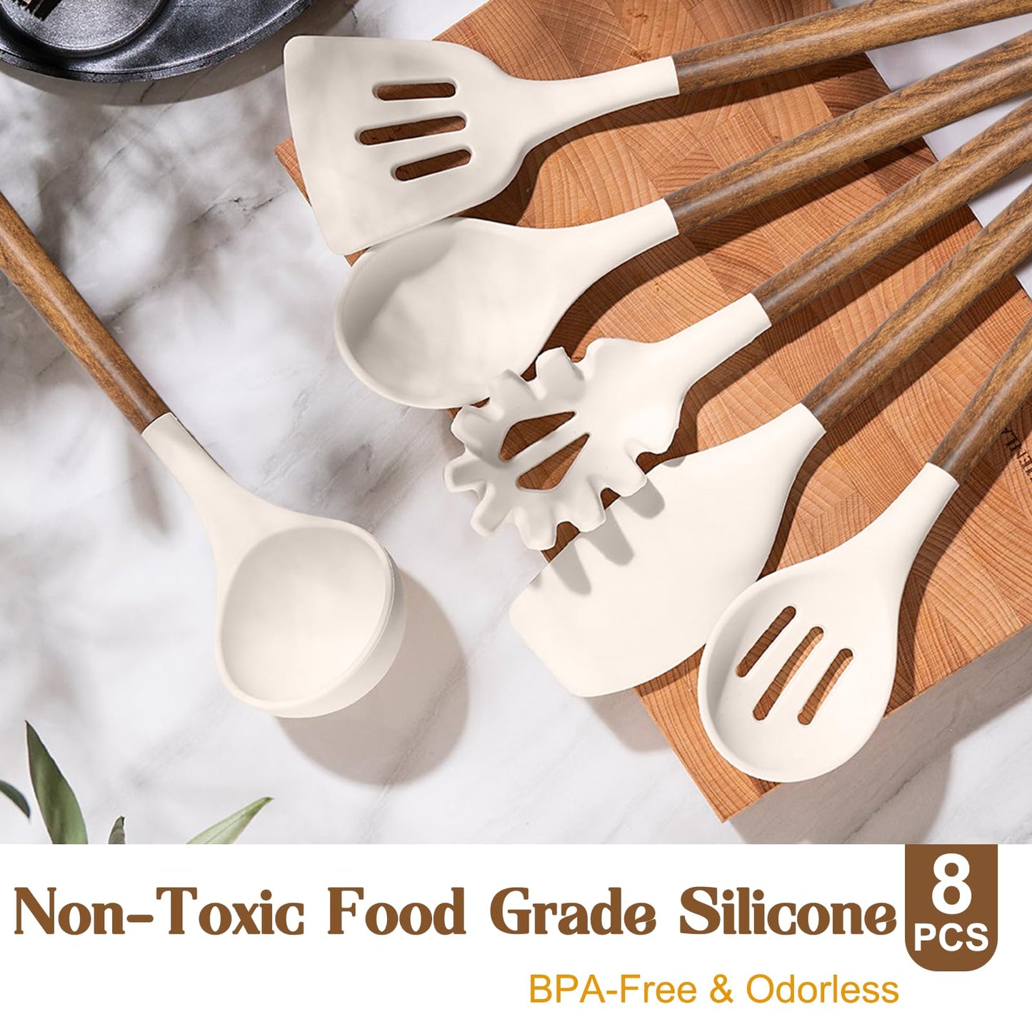 Silicone Cooking Utensil Set,Umite Chef 8-Piece Kitchen Utensils Set with Natural Acacia Wooden Handles, Silicone Kitchen Gadgets and Spatula Set for Nonstick Cookware - Khaki